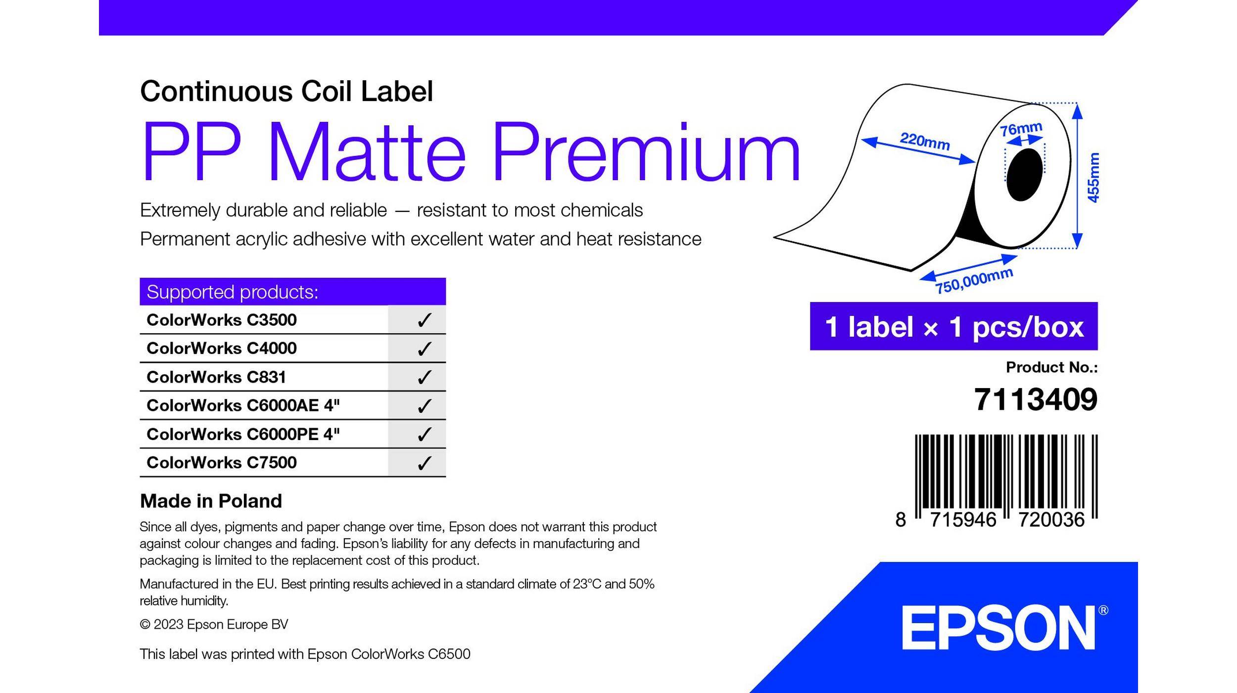 Rca Informatique - image du produit : PP MATTE LABEL PREM COIL 220X750MM