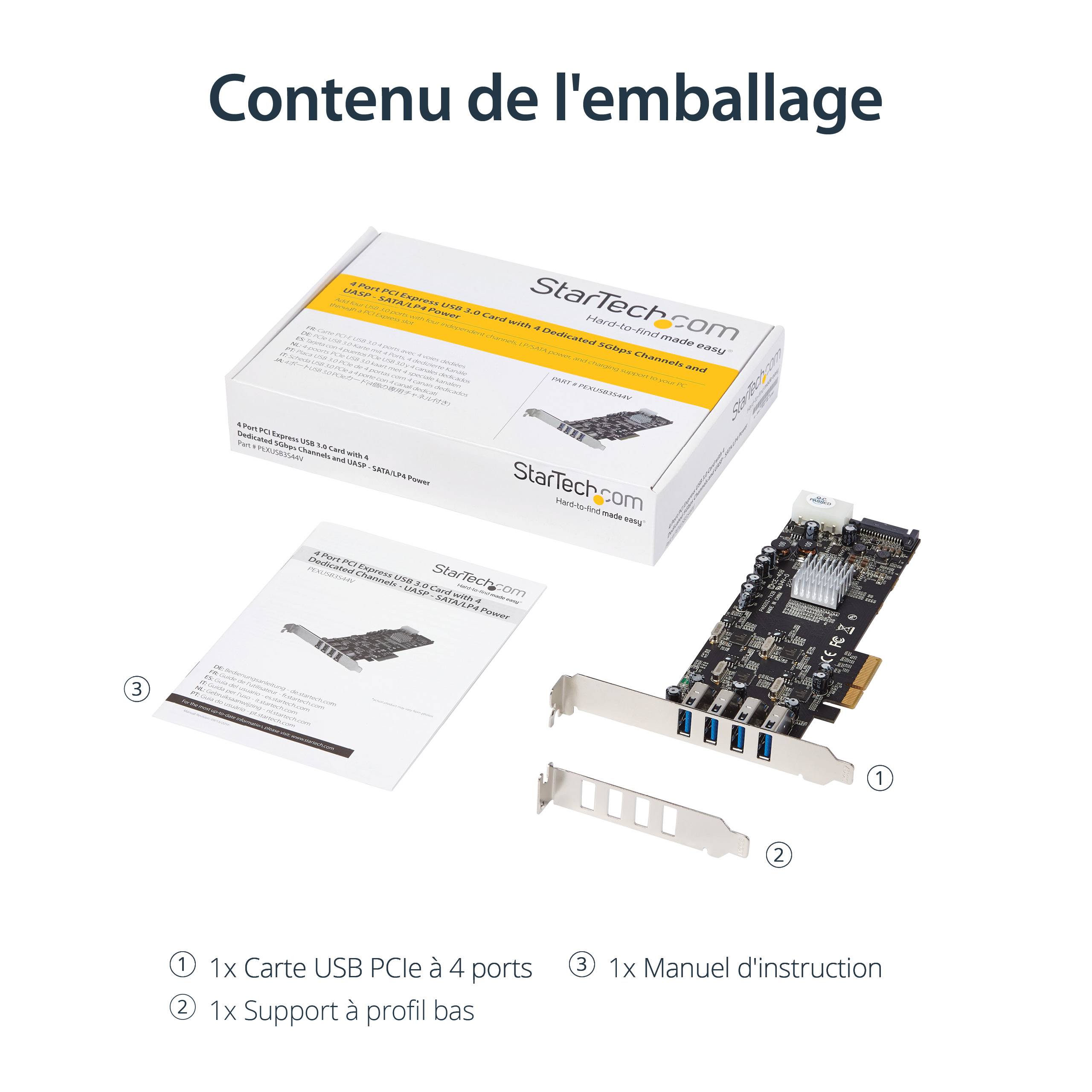 Rca Informatique - image du produit : CARTE CONTROLEUR QUADRUPLE BUS PCIE VERS 4 PORTS USB 3.0 - UASP