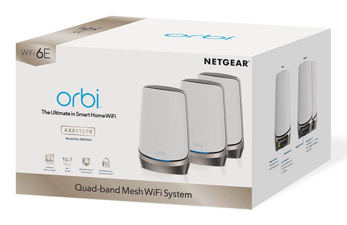 Rca Informatique - image du produit : ORBI QUAD-BAND MESH WIFI 6E SYS AXE11000 W/SATELLITE 2 (RBKE963)