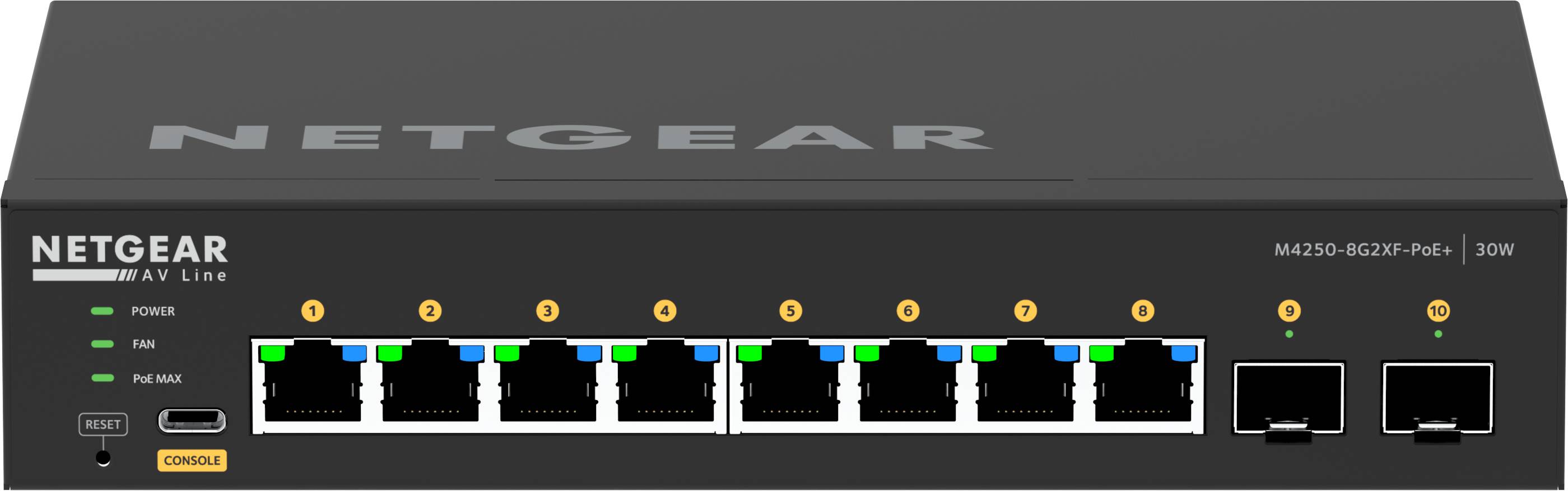 Rca Informatique - image du produit : M4250-8G2XF-POE+ 220W FULLY MANAGED SWITCH 8-PORT AV LINE