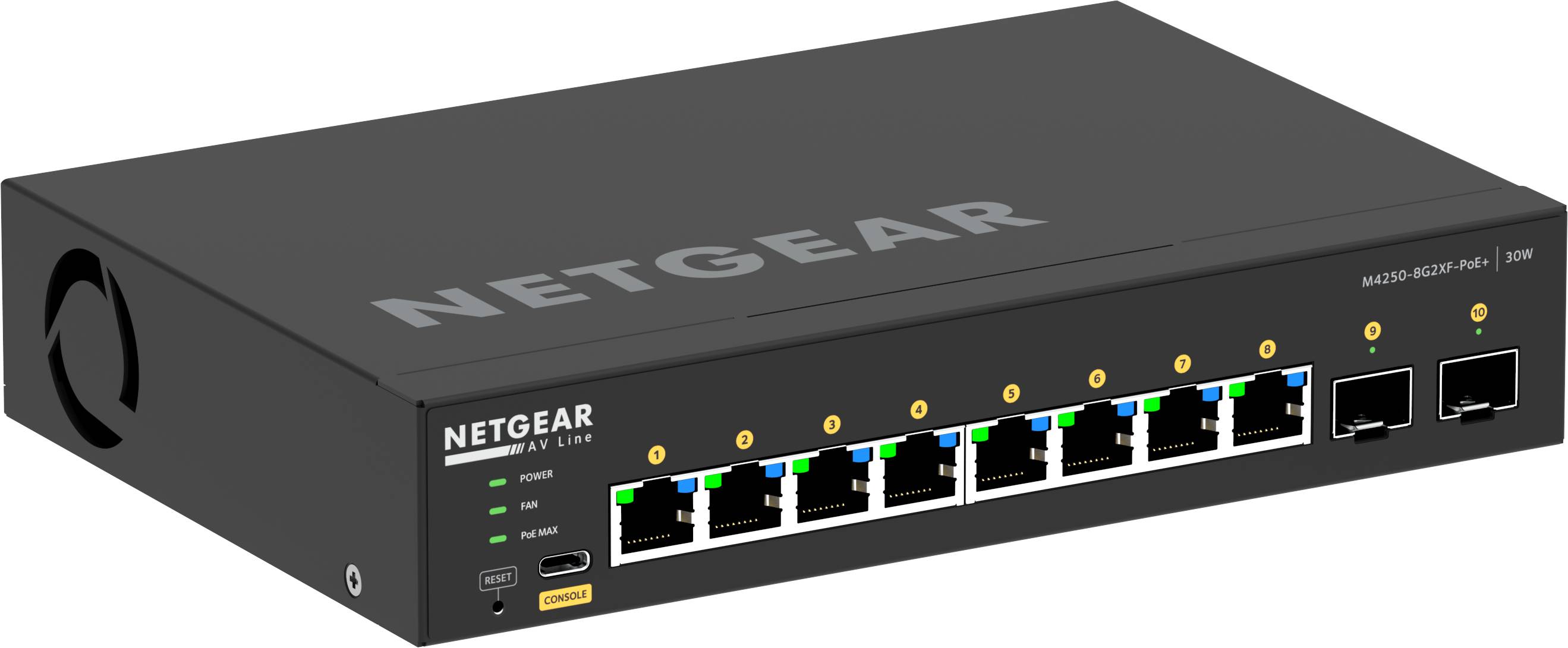 Rca Informatique - image du produit : M4250-8G2XF-POE+ 220W FULLY MANAGED SWITCH 8-PORT AV LINE