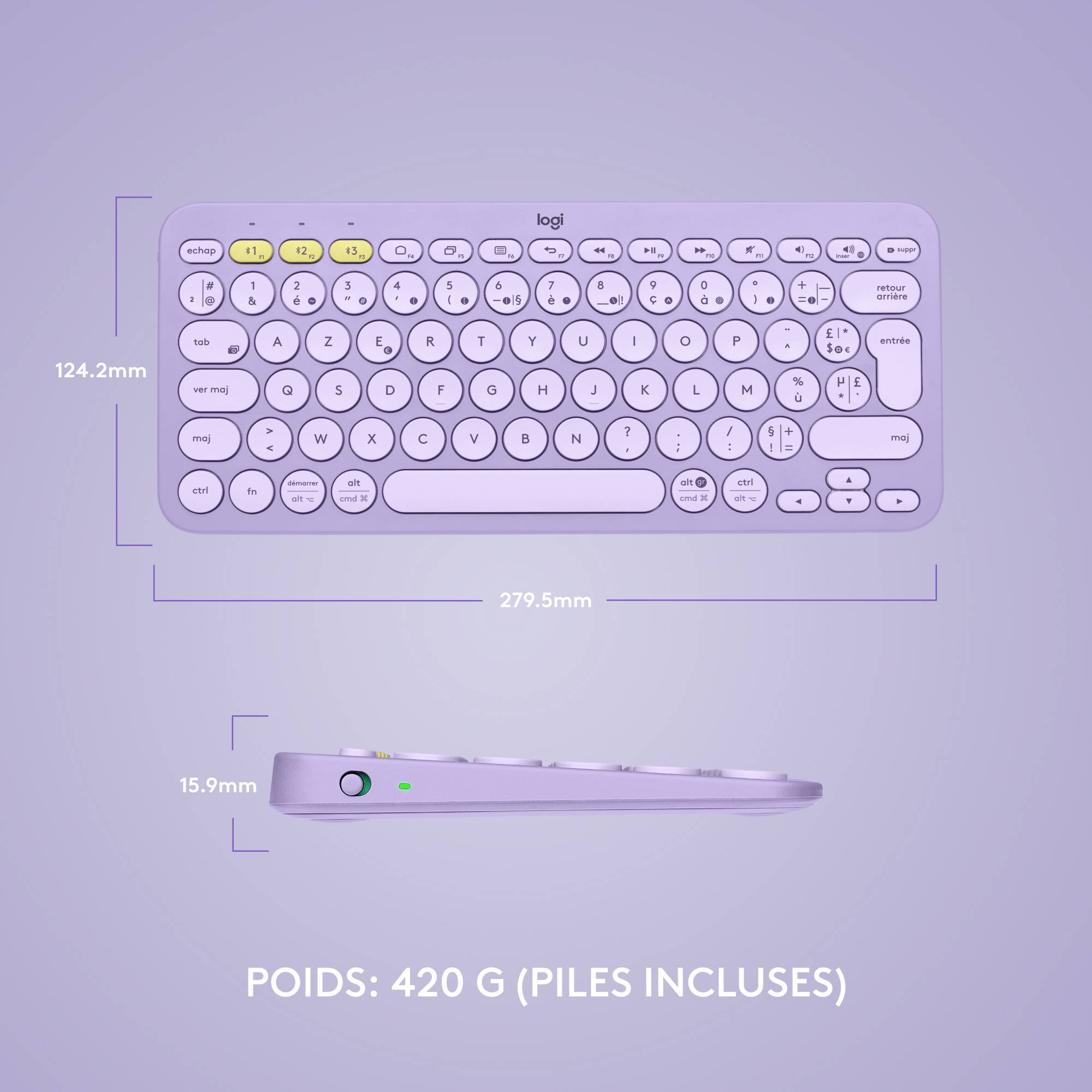 Rca Informatique - image du produit : K380 MULTI-DEVICE BT KEYBOARD LAVENDER LEMONADE CH CENTRAL