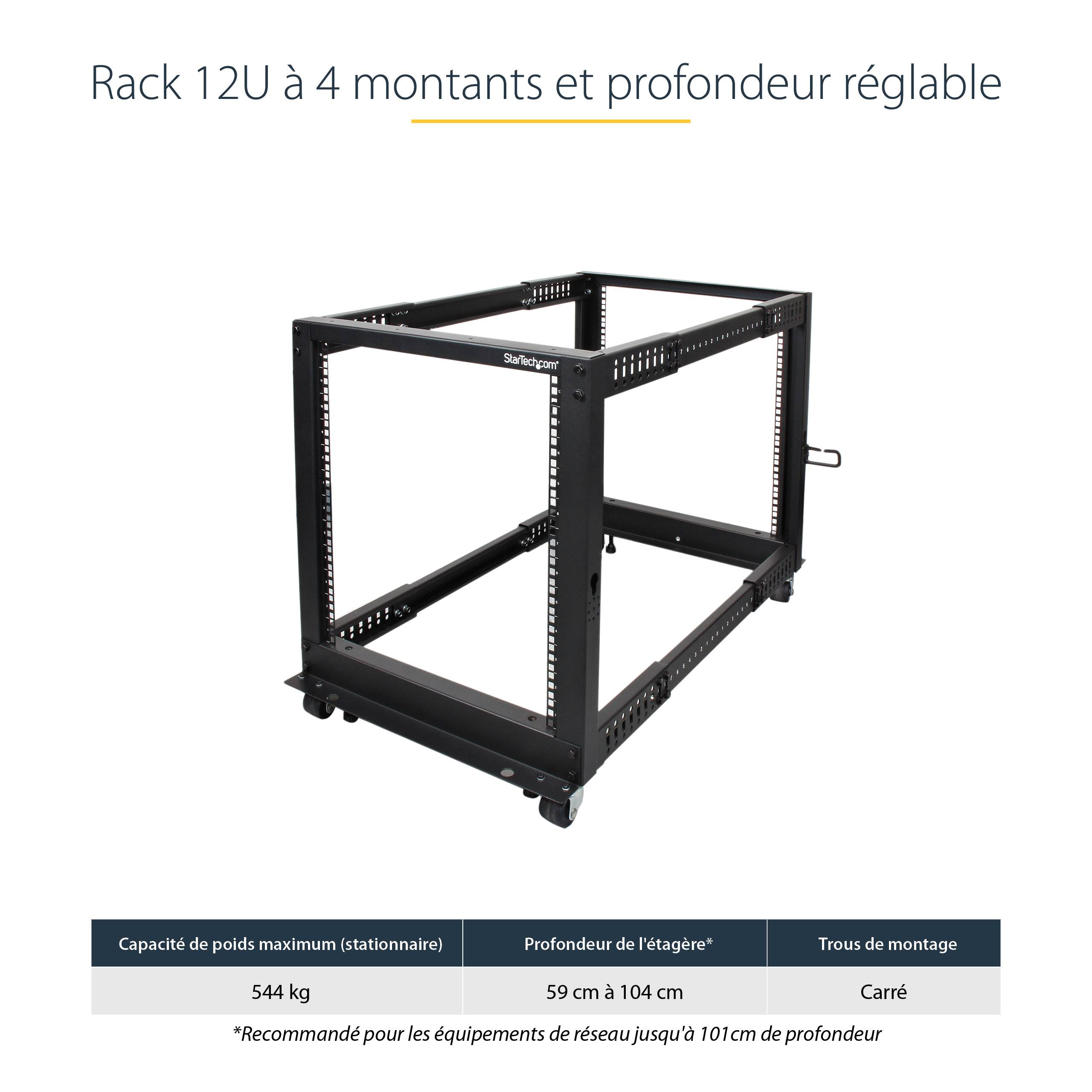 Rca Informatique - image du produit : RACK DE SERVEUR REGLABLE 12U A CADRE OUVERT 4 MONTANTS