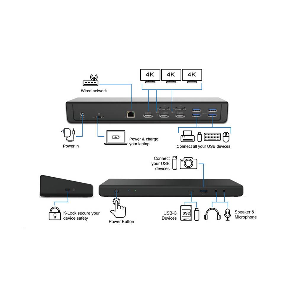 Rca Informatique - image du produit : ORIGIN USB C TRIPLE 4K DOCKING STATION BLACK (C TO C/A CABLE)