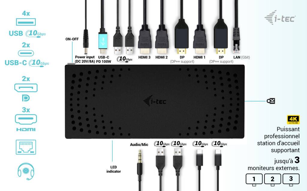 Rca Informatique - image du produit : I-TEC USB 3.0 3X 4K DOCK GEN 2 USB 3.0/ C/ TB 3/4 PD100W