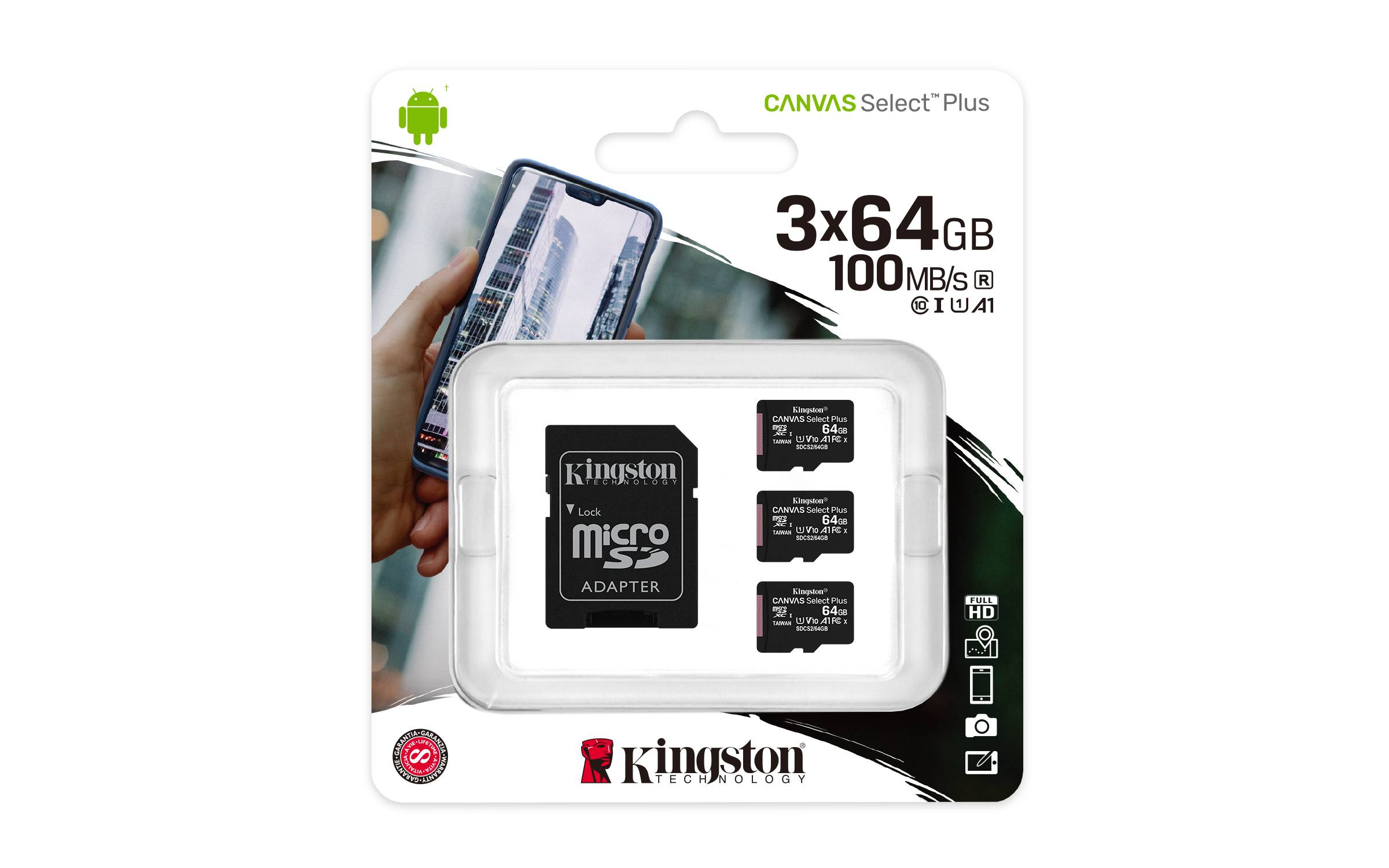 Rca Informatique - image du produit : 64GB MICROSDXC CANVAS SELECT 3P 3PC 100R A1 C10 CARD+SD ADAPTER