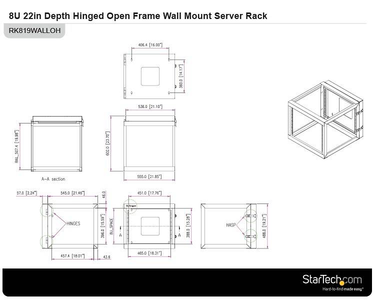 Rca Informatique - image du produit : 8U HINGED WALLMOUNT OPEN FRAME RACK CABINET - SERVER RACK