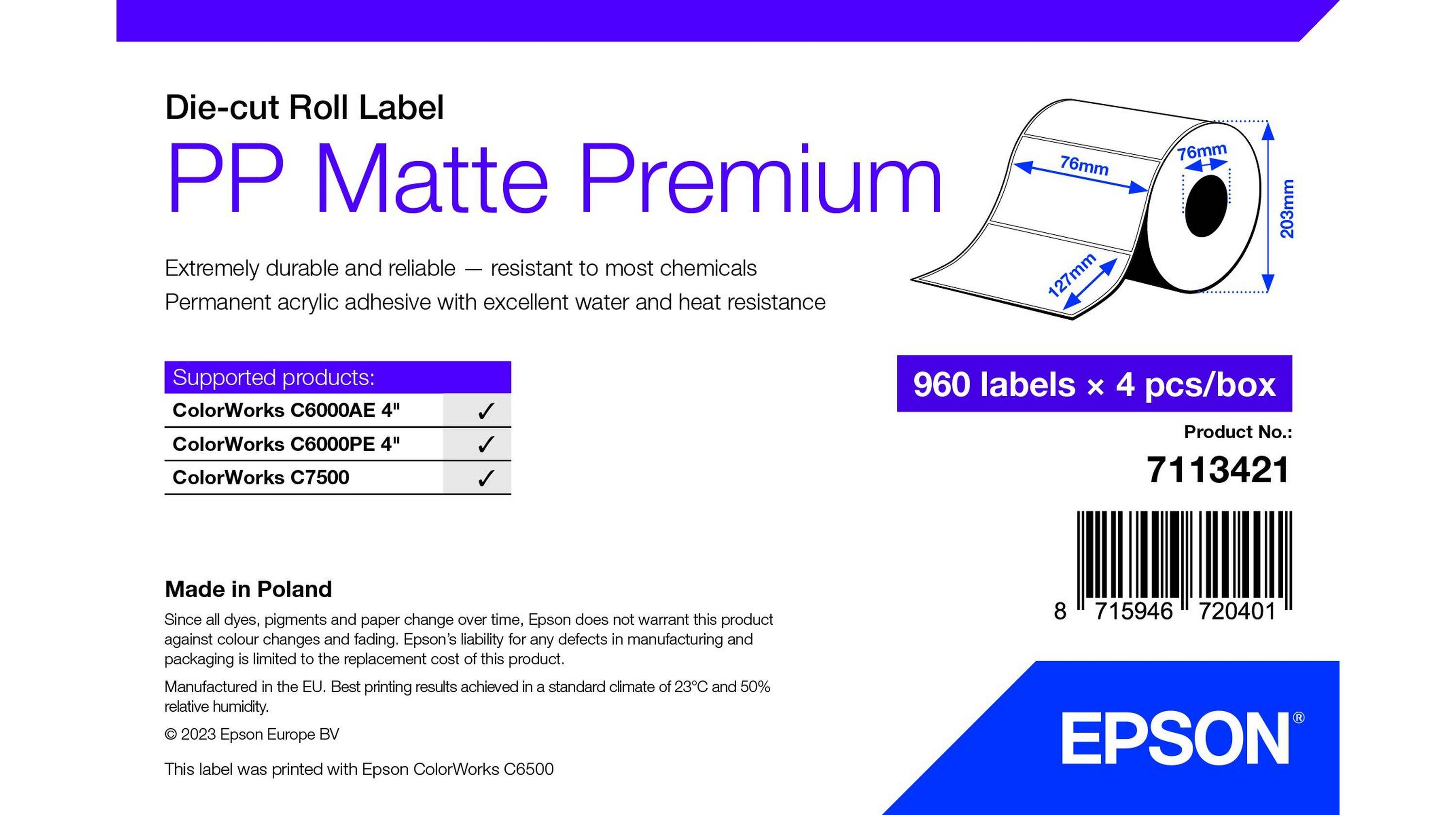 Rca Informatique - Image du produit : PP MATTE LABEL PREM DIE-CUT ROLL 76X127MM 960 LABELS