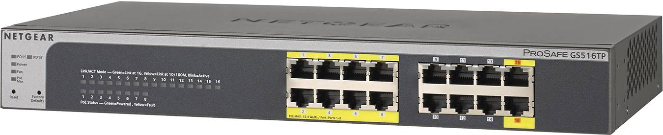 Rca Informatique - Image du produit : GS516TP PROSAFE SMART SWITCH 16 PORTS GIGABIT RJ45 76W        IN