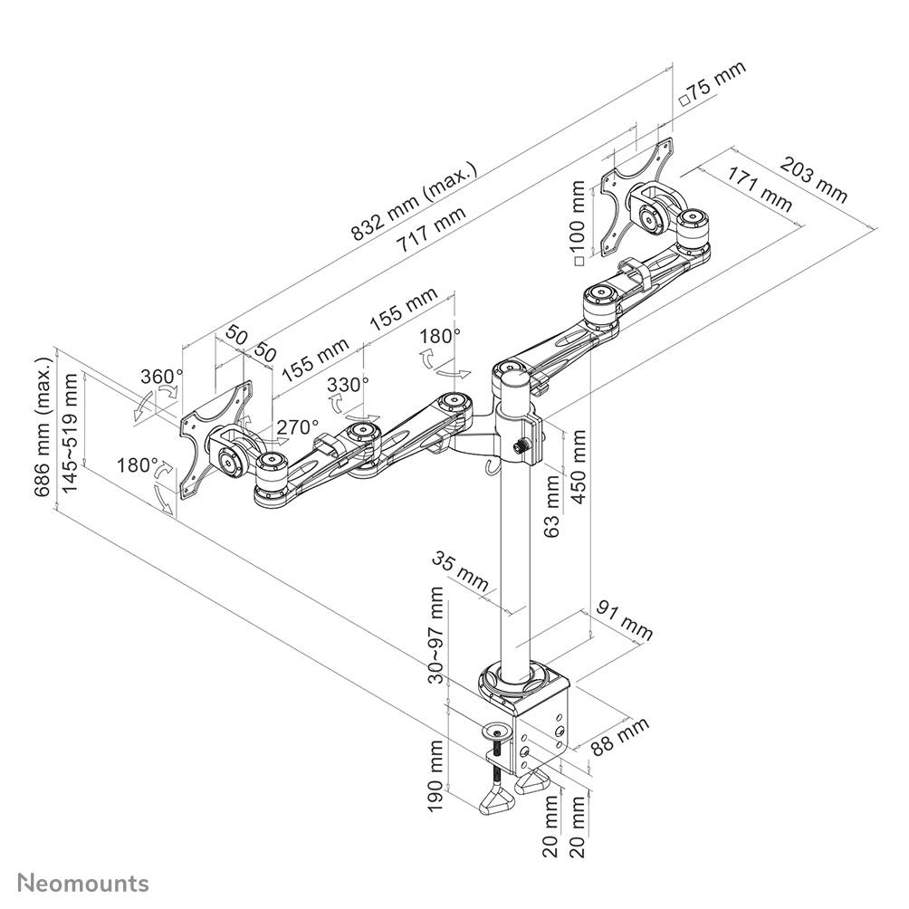 Rca Informatique - image du produit : SUPPORT BUREAU 2 ECRANS LCD/LED TFT JUSQU 26IN 3PTS DE FLEXION