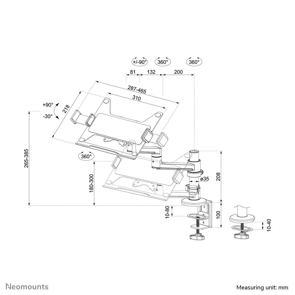 Rca Informatique - image du produit : NEOMOUNTS LAPTOP DESK MOUNT (CLAMP+GROMMET)