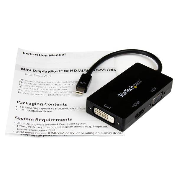 Rca Informatique - image du produit : ADAPTATEUR MINI DP VERS VGA / VERS DVI-D ACTIF 91 CM - NOIR