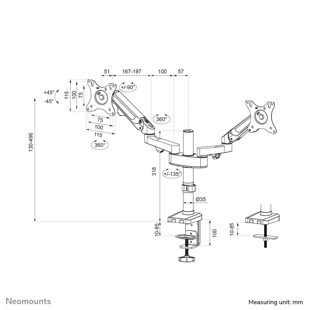 Rca Informatique - image du produit : NEWSTAR DESK POLE MOUNT (CLAMP/GROMMET) BLACK 17-27IN