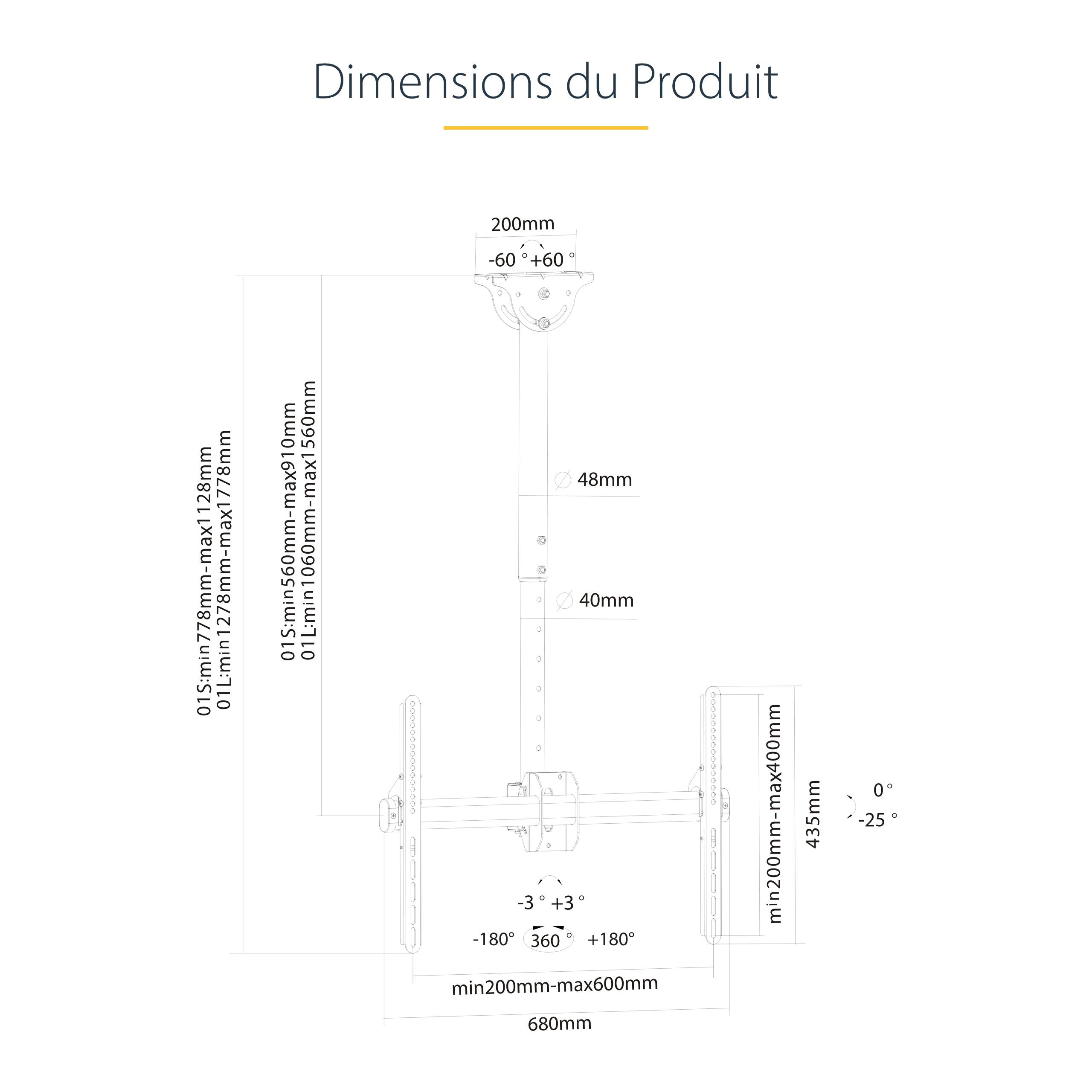 Rca Informatique - image du produit : SUPPORT PLAFOND INCLINABLE POUR TV A ECRAN PLAT DE 32 A 70