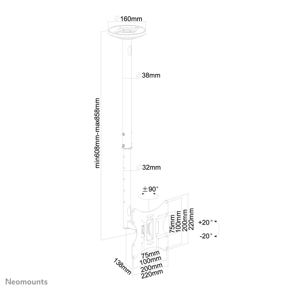 Rca Informatique - image du produit : CEILING MOUNT 10-40IN TILT/SWIV BLK. MAX 20KG.VESA50X50TO200X200