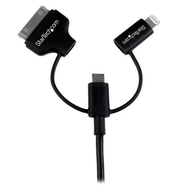 Rca Informatique - image du produit : CABLE USB VERS LIGHTNING / 30 BROCHES / MICRO USB 1 M - NOIR