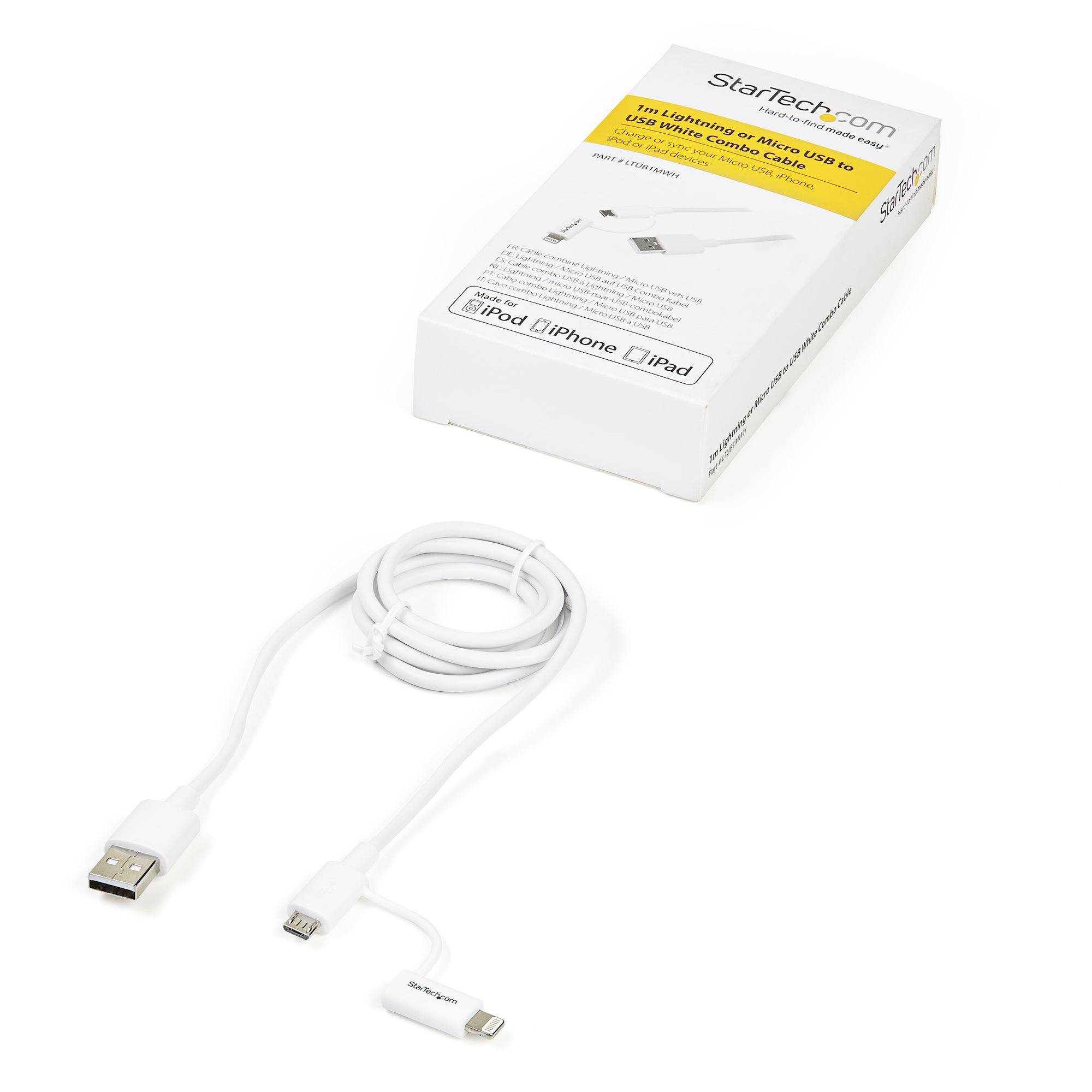 Rca Informatique - image du produit : CABLE LIGHTNING OU MICRO USB VERS USB 1 M - M/M - BLANC