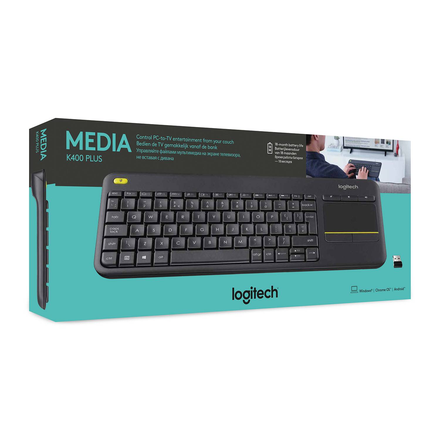 Rca Informatique - image du produit : WIRELESS TOUCH KEYBOARD K400+ DARK - NLB - 2.4GHZ CENTRAL