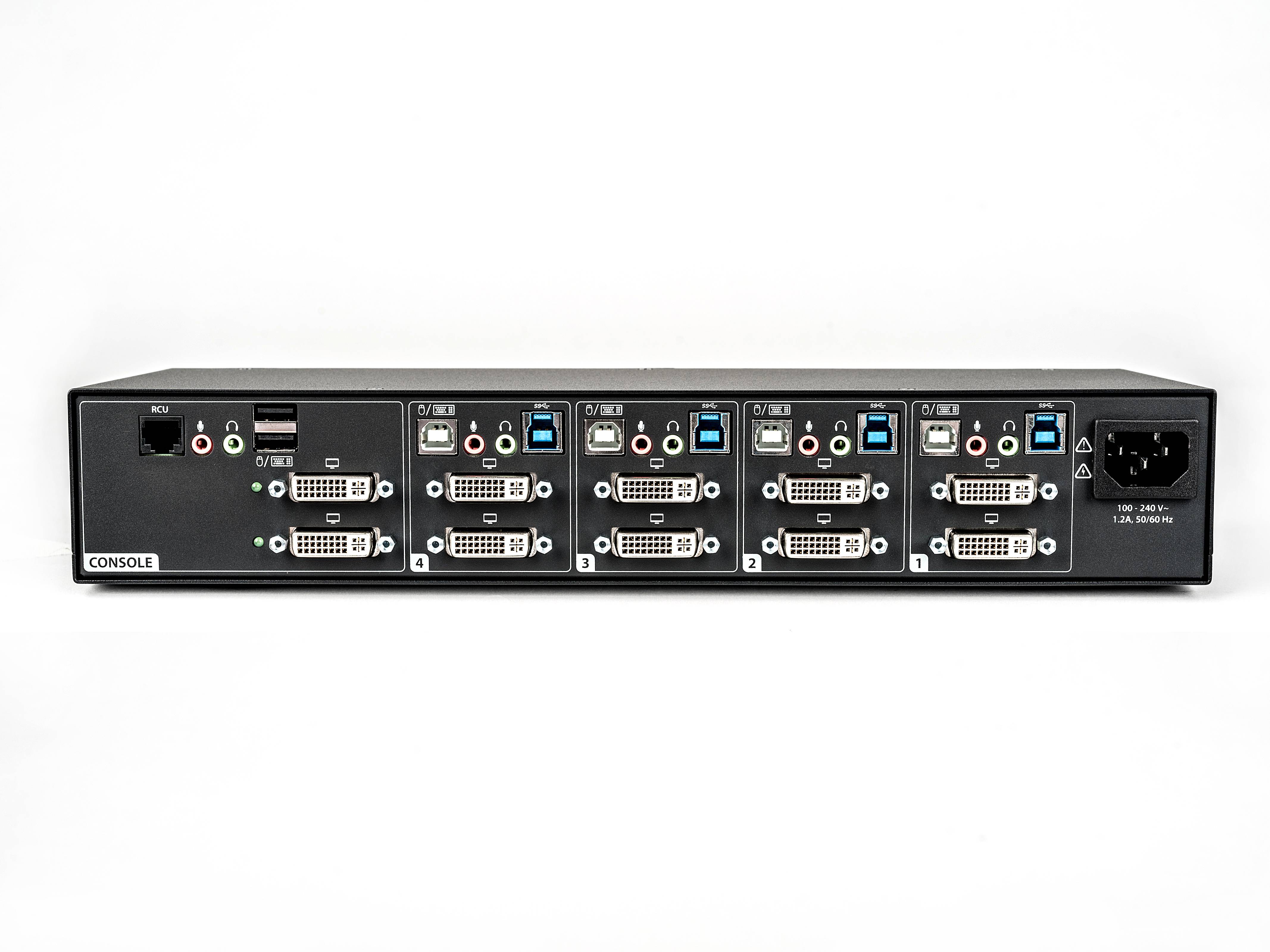 Rca Informatique - image du produit : 4-PORT DESKTOP KVM DUAL HEAD DVI-I FRONT-PANEL USB 3.0 AUDIO