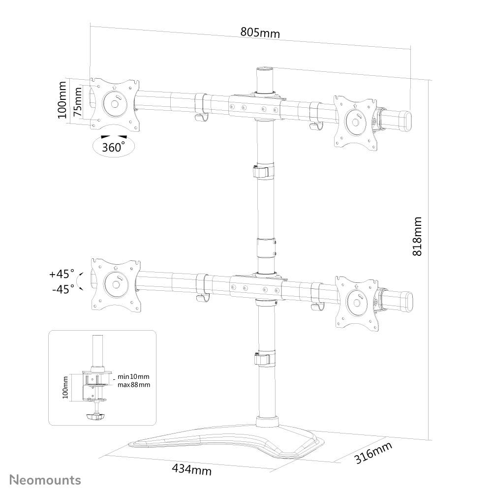 Rca Informatique - image du produit : DESK MOUNT QUAD 10-27IN BLACK STND/CLMP/GRM.M32KG.75X75TO100X1