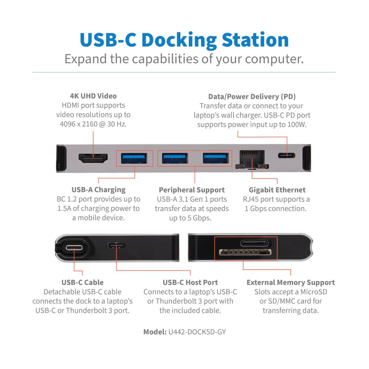 Rca Informatique - image du produit : USB-C DOCKING STATION HDMI 4K USB-A/C PD CHARG 3.0USB-C CBLGRY