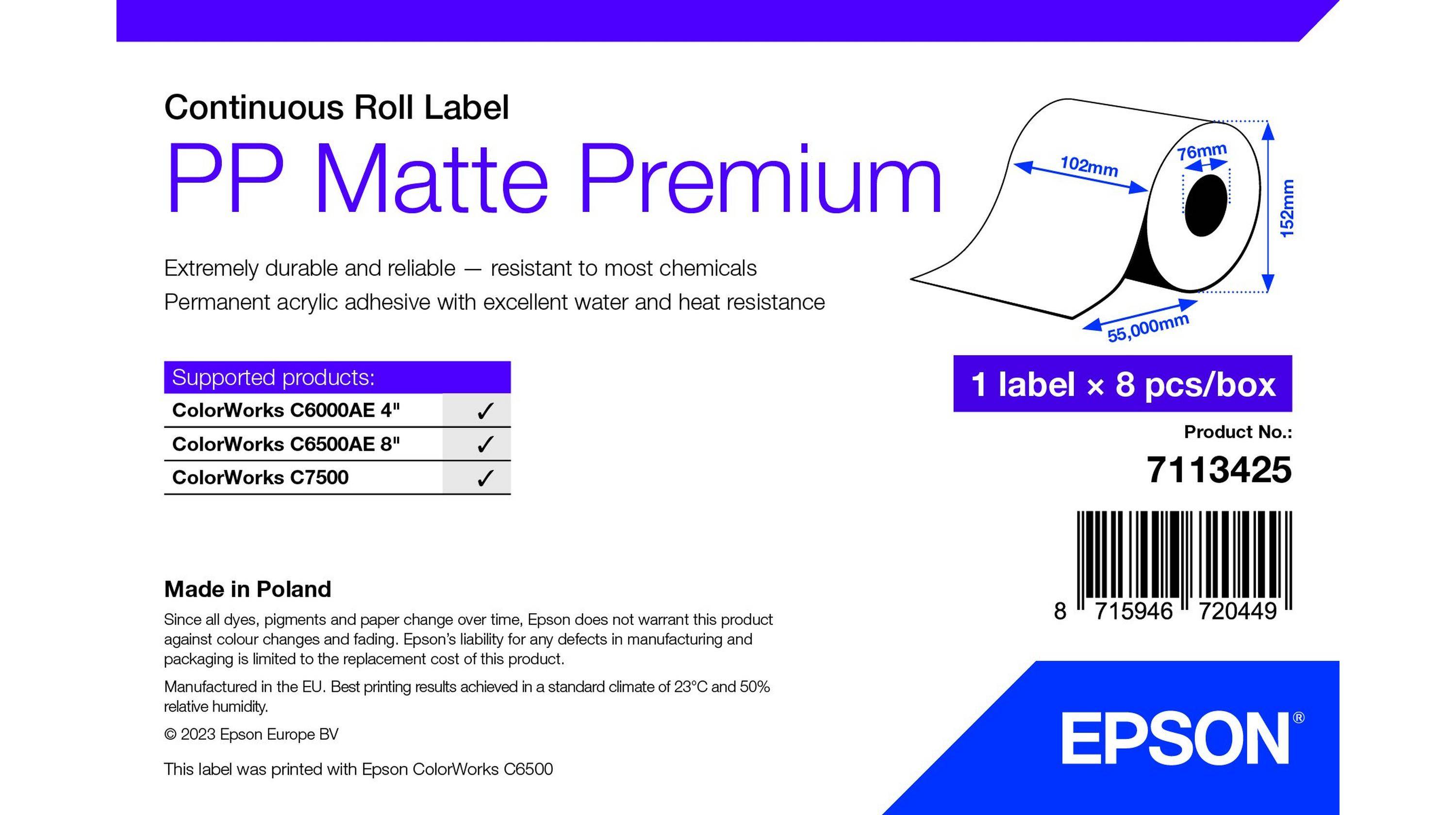 Rca Informatique - Image du produit : PP MATTE LABEL PREM CONTINUOUS ROLL 102X55MM