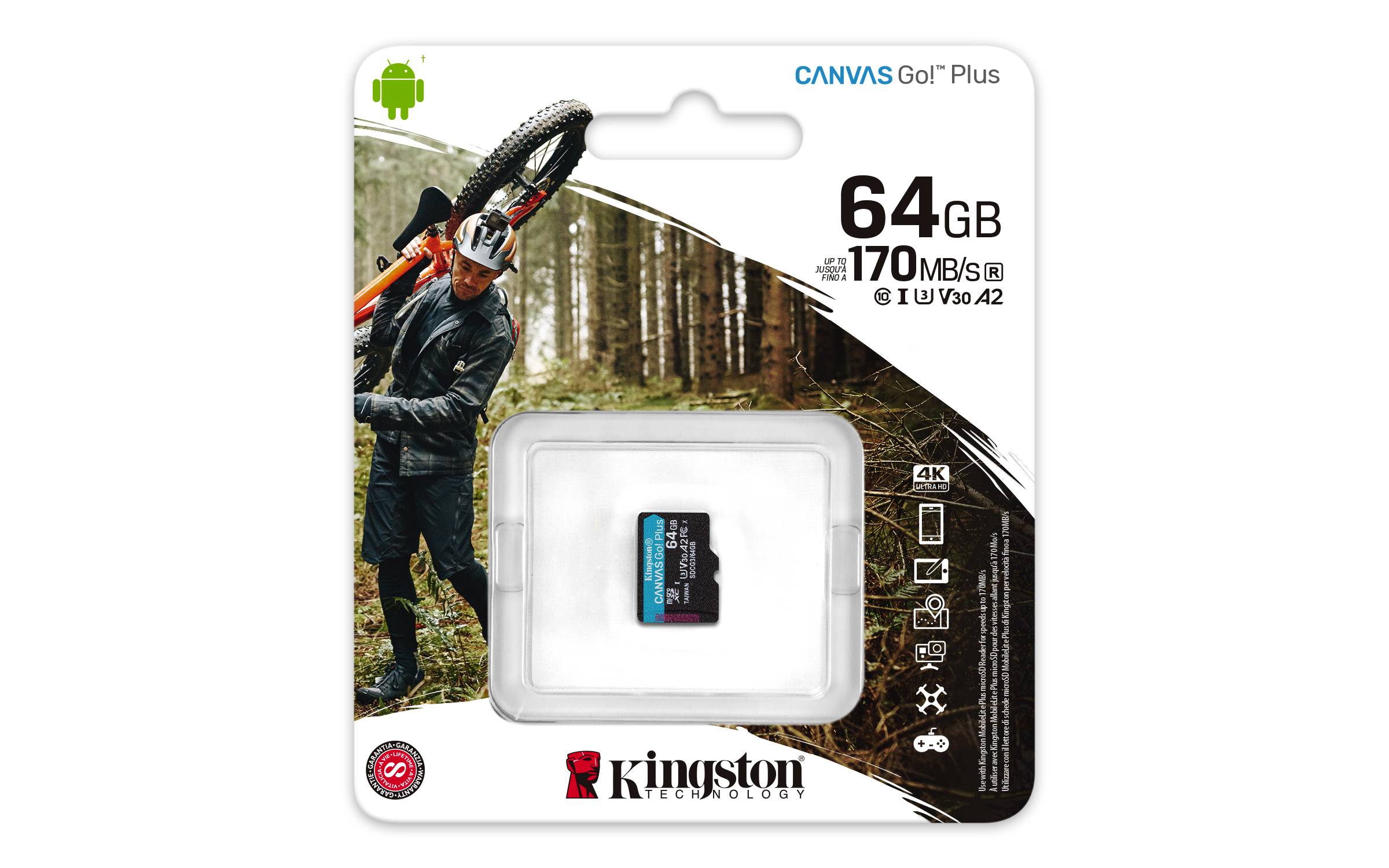 Rca Informatique - image du produit : 64GB MSDXC CANVAS GO PLUS 170R A2 U3 V30 SINGLE PACK W/O ADPTR