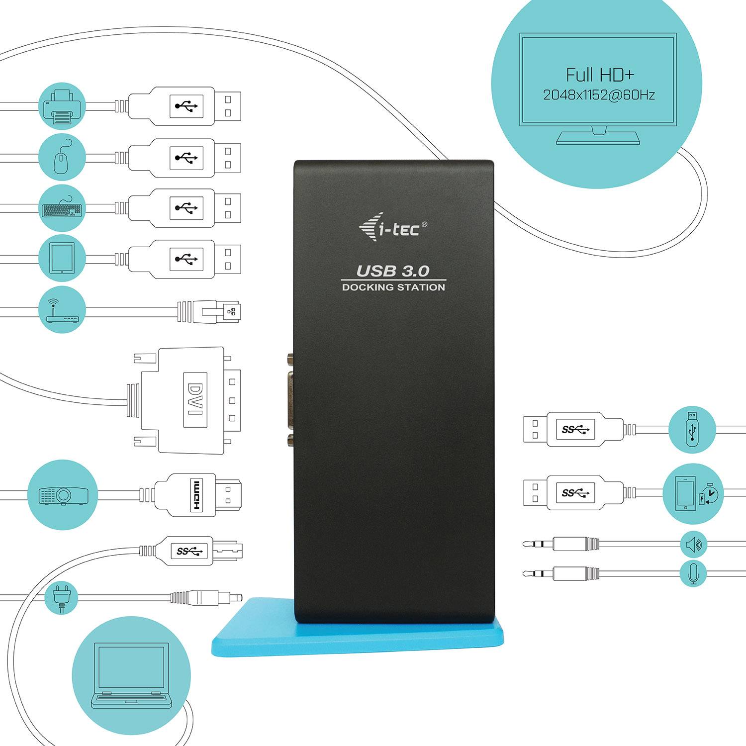 Rca Informatique - image du produit : I-TEC UK DUAL DOCKING STATION USB 3.0 1XDVI 1XHDMI 2048X1152