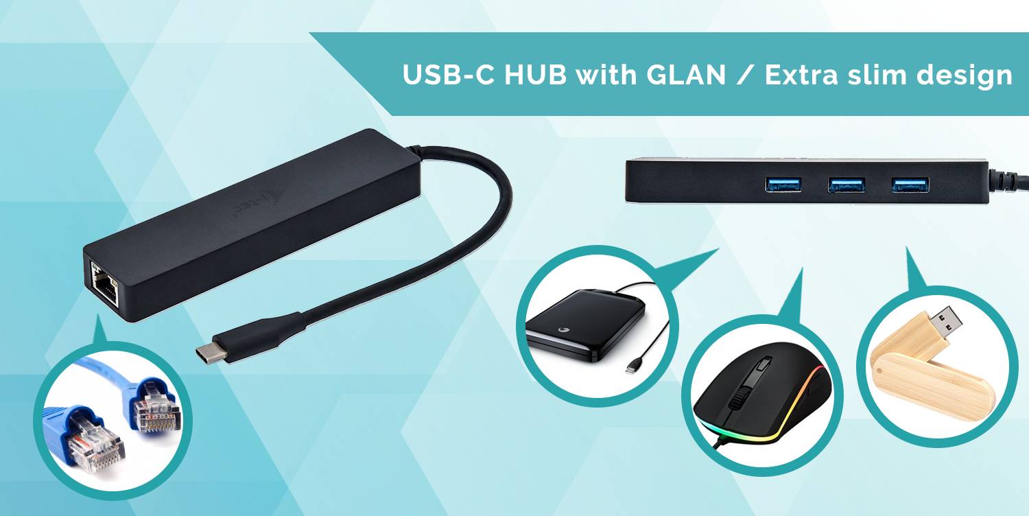 Rca Informatique - image du produit : I-TEC USB-C SLIM HUB + GLAN USB-C 3 PORT HUB USB 3.0 + GLAN
