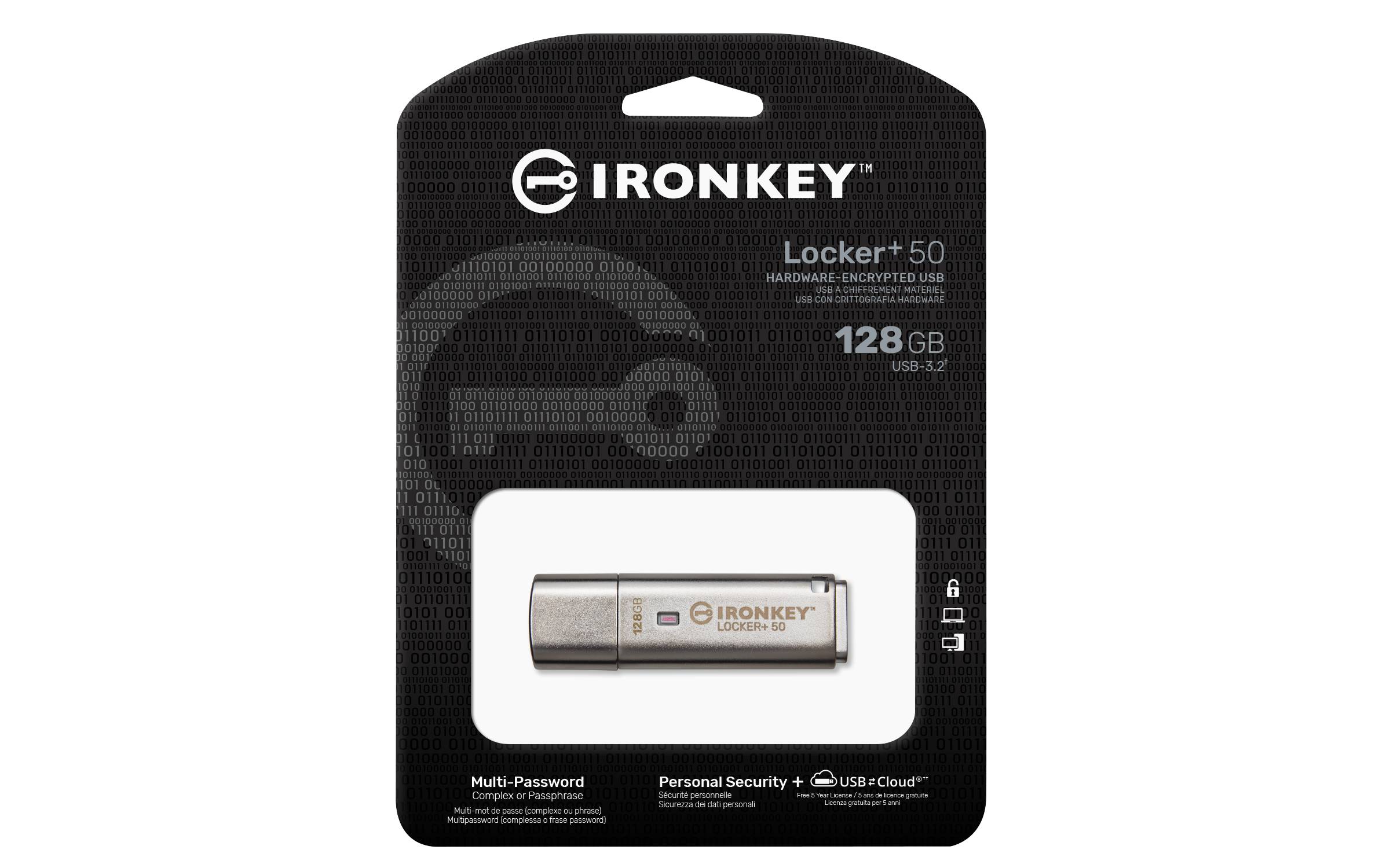 Rca Informatique - image du produit : 128GB USB 3.2 IRONKEY LOCKER+50 AES USB W/256BIT ENCRYPTION