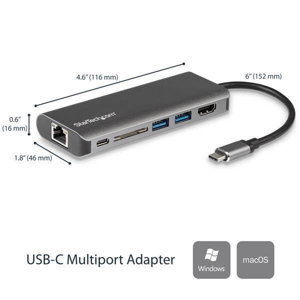 Rca Informatique - image du produit : USB-C MULTIPORT ADAPTER WITH SD PD - 4K HDMI - GBE - 2X USB-A