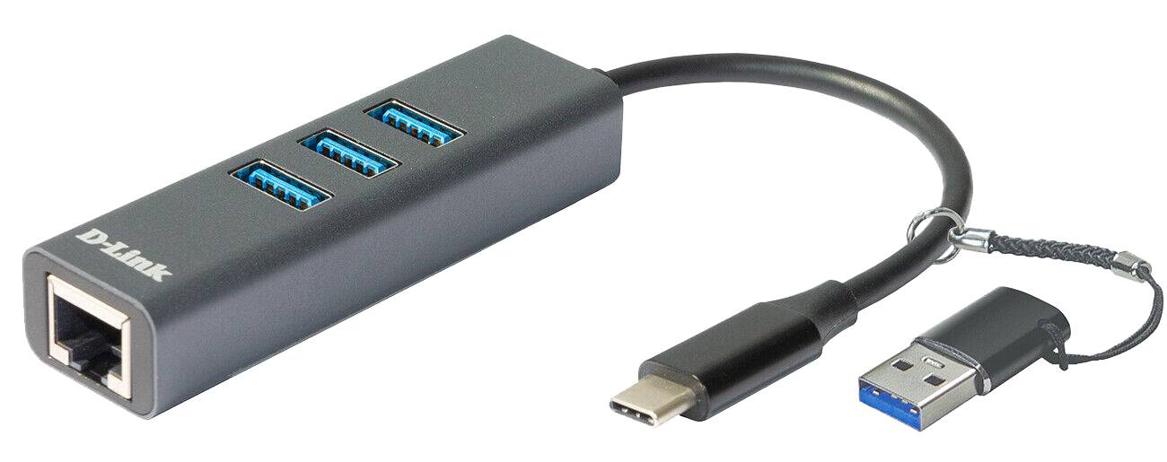 Rca Informatique - image du produit : USB-C/USB TO GIGABIT ETHERNET ADAPTER WITH 3 USB 3.0 PORTS