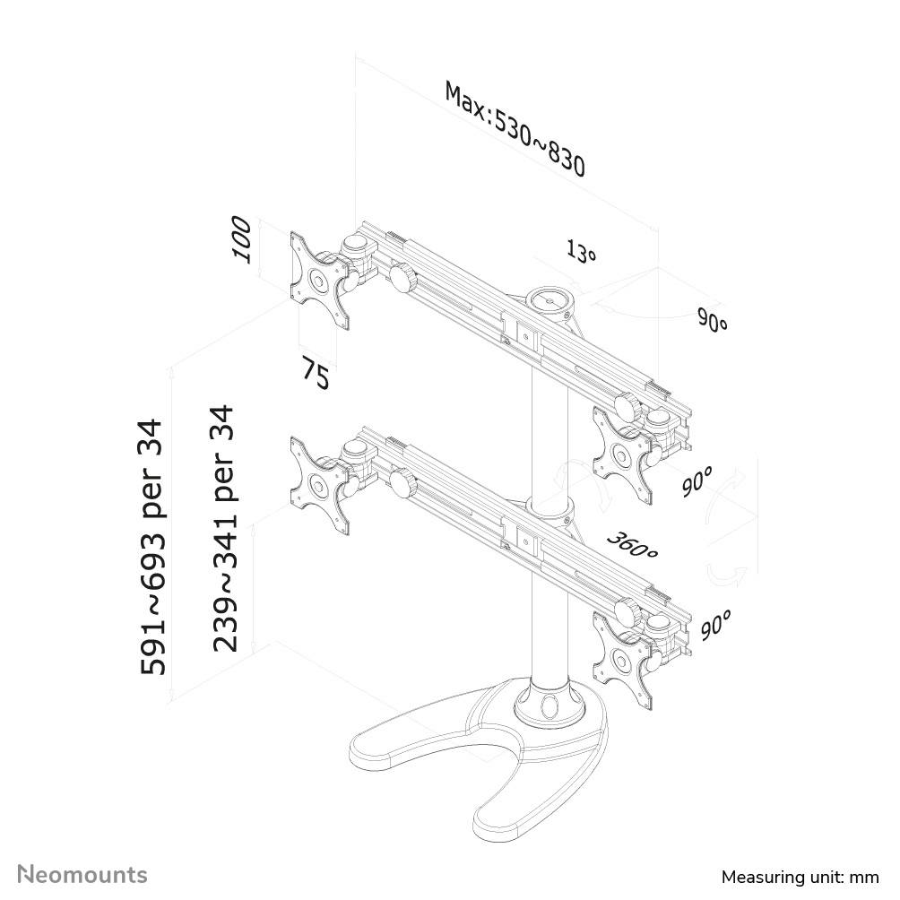 Rca Informatique - image du produit : SUPPORT BUREAU 4 ECRANS PLATS MAX 27IN 1 PT DE FLEXION