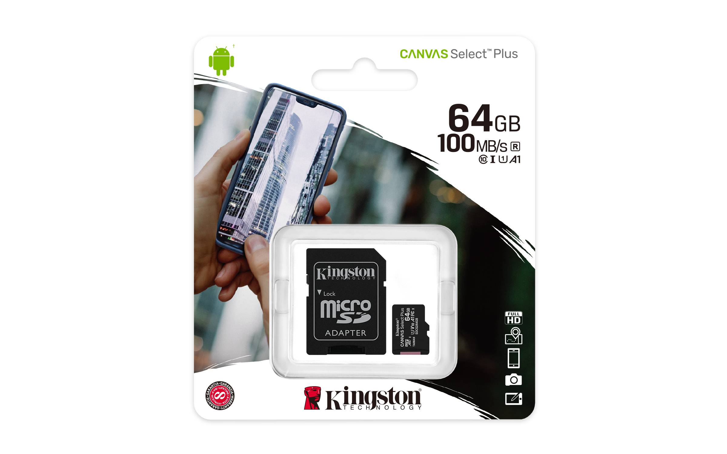 Rca Informatique - image du produit : 64GB MICROSDXC CANVAS SELECT 100R A1 C10 CARD + SD ADAPTER