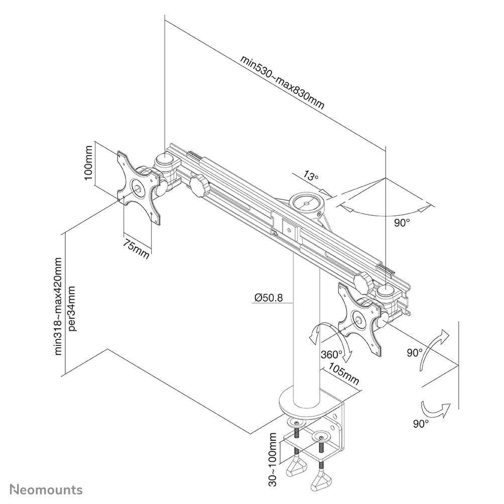 Rca Informatique - image du produit : SUPPORT BUREAU 2 ECRANS PLATS MAX 27IN 1 PT DE FLEXION