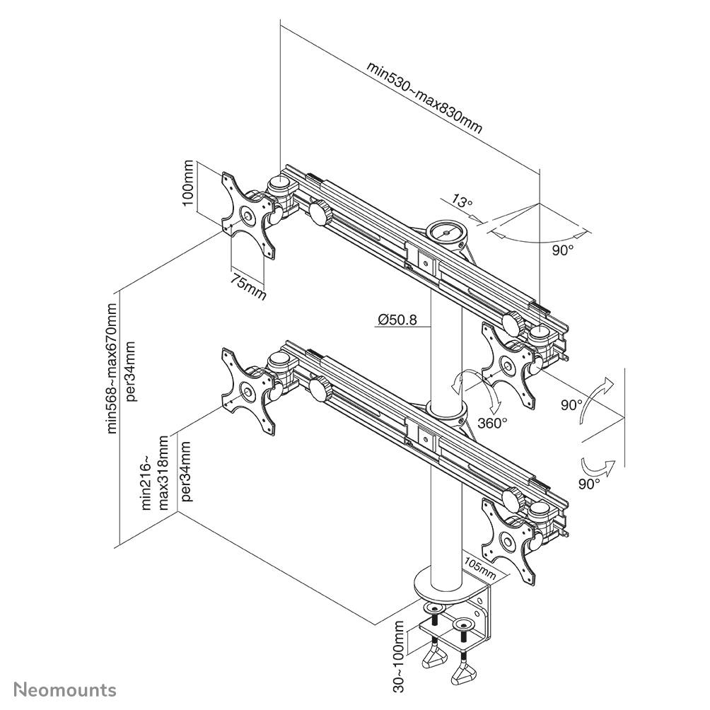 Rca Informatique - image du produit : SUPPORT BUREAU 4 ECRANS PLATS MAX 27IN 1 PT DE FLEXION