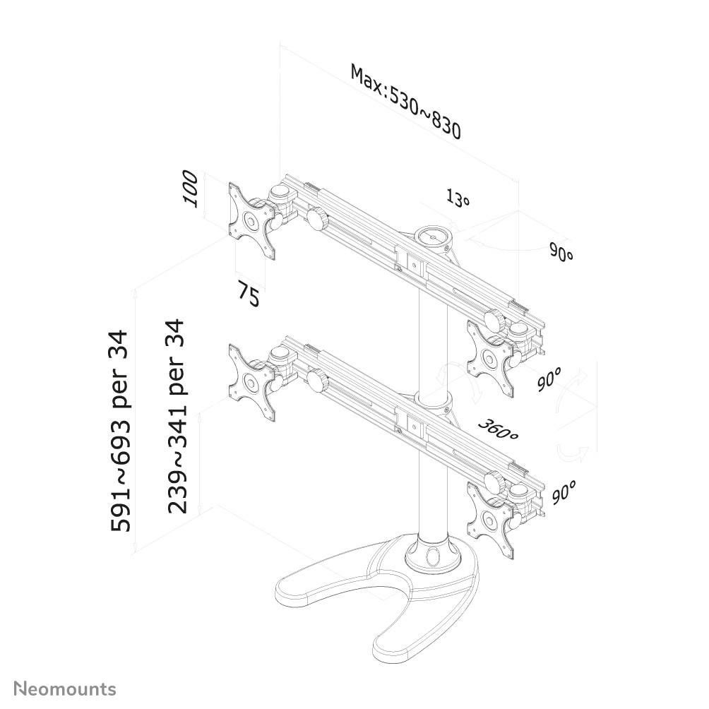 Rca Informatique - image du produit : SUPPORT BUREAU 4 ECRANS PLATS MAX 27IN 1 PT DE FLEXION