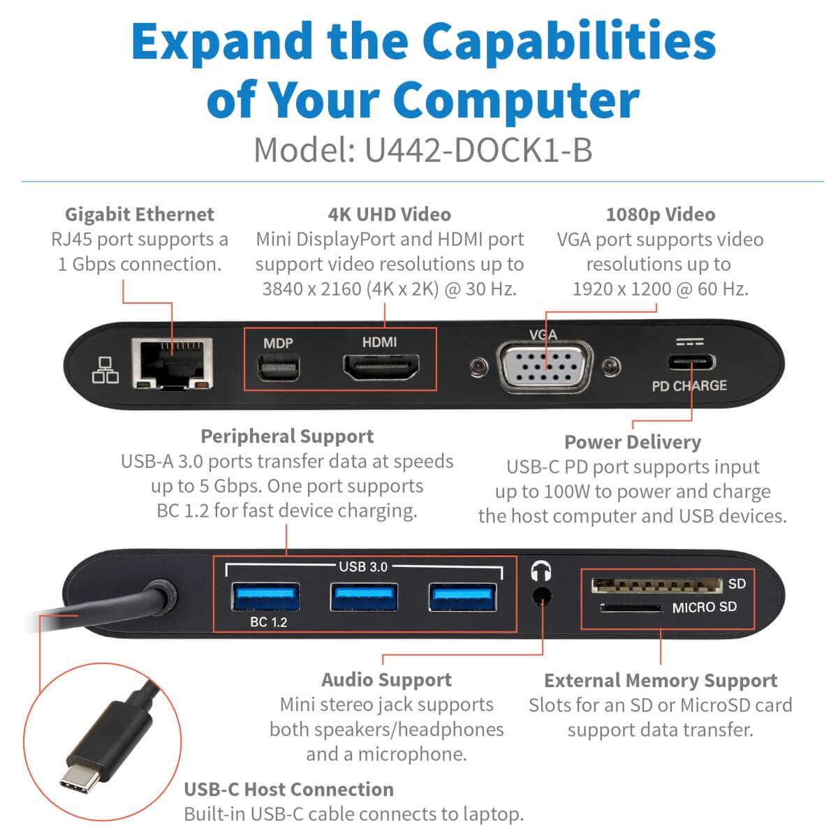 Rca Informatique - image du produit : USB-C LAPTOP DOCKING STATION TYPE-C HDMI VGA THUNDERB 3BLACK