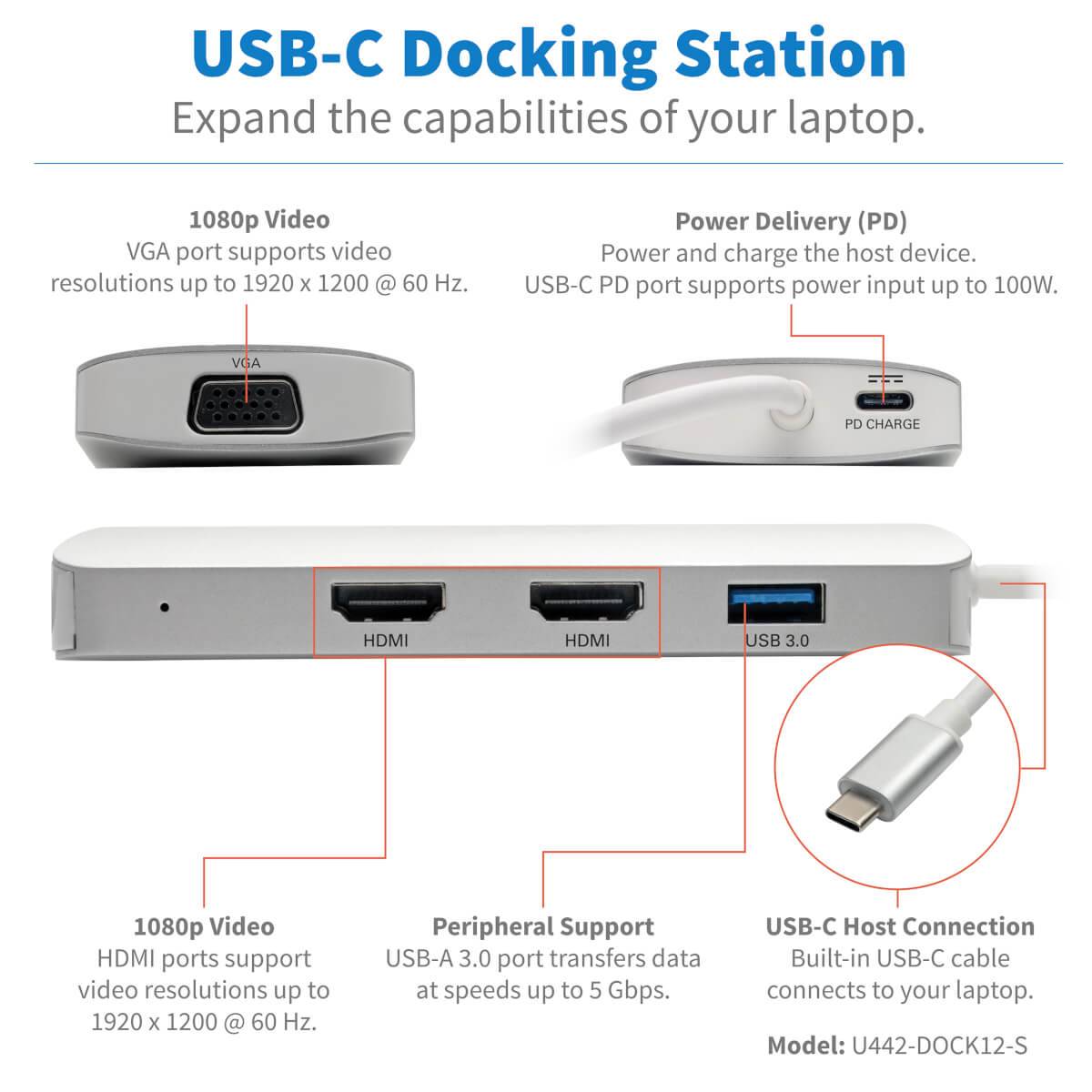 Rca Informatique - image du produit : USB-C DOCKING STATION TYPE-C X2 HDMI+VGA THUNDERB 3 PD CHARGE