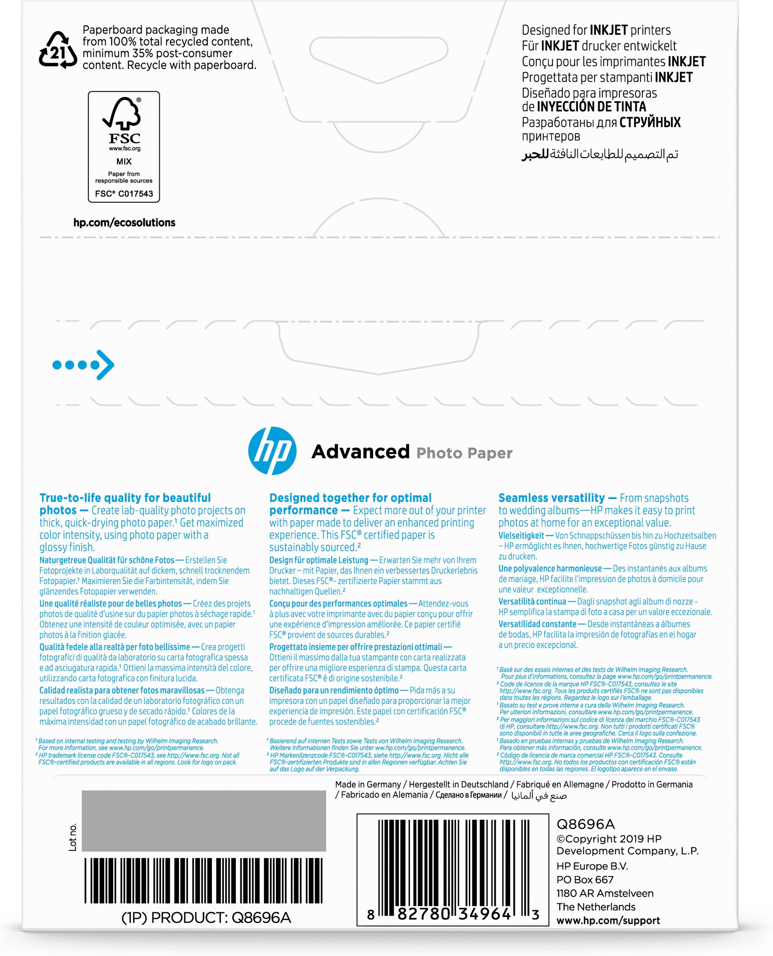 Rca Informatique - image du produit : PAPIER PHOTO AVANCE BRILLANT HP 250G/M 25F 13 X 18