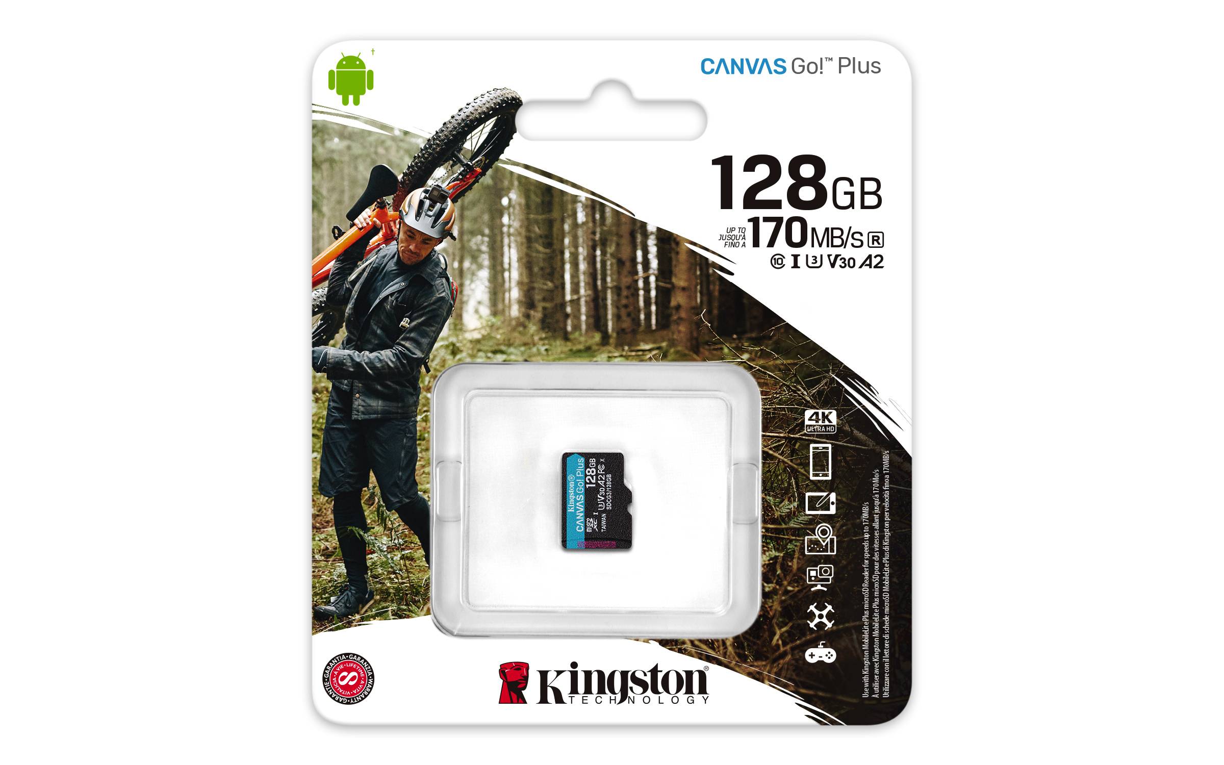 Rca Informatique - image du produit : 128GB MSDXC CANVAS GO PLUS 170R A2 U3 V30 SINGLE PACK W/O ADPTR