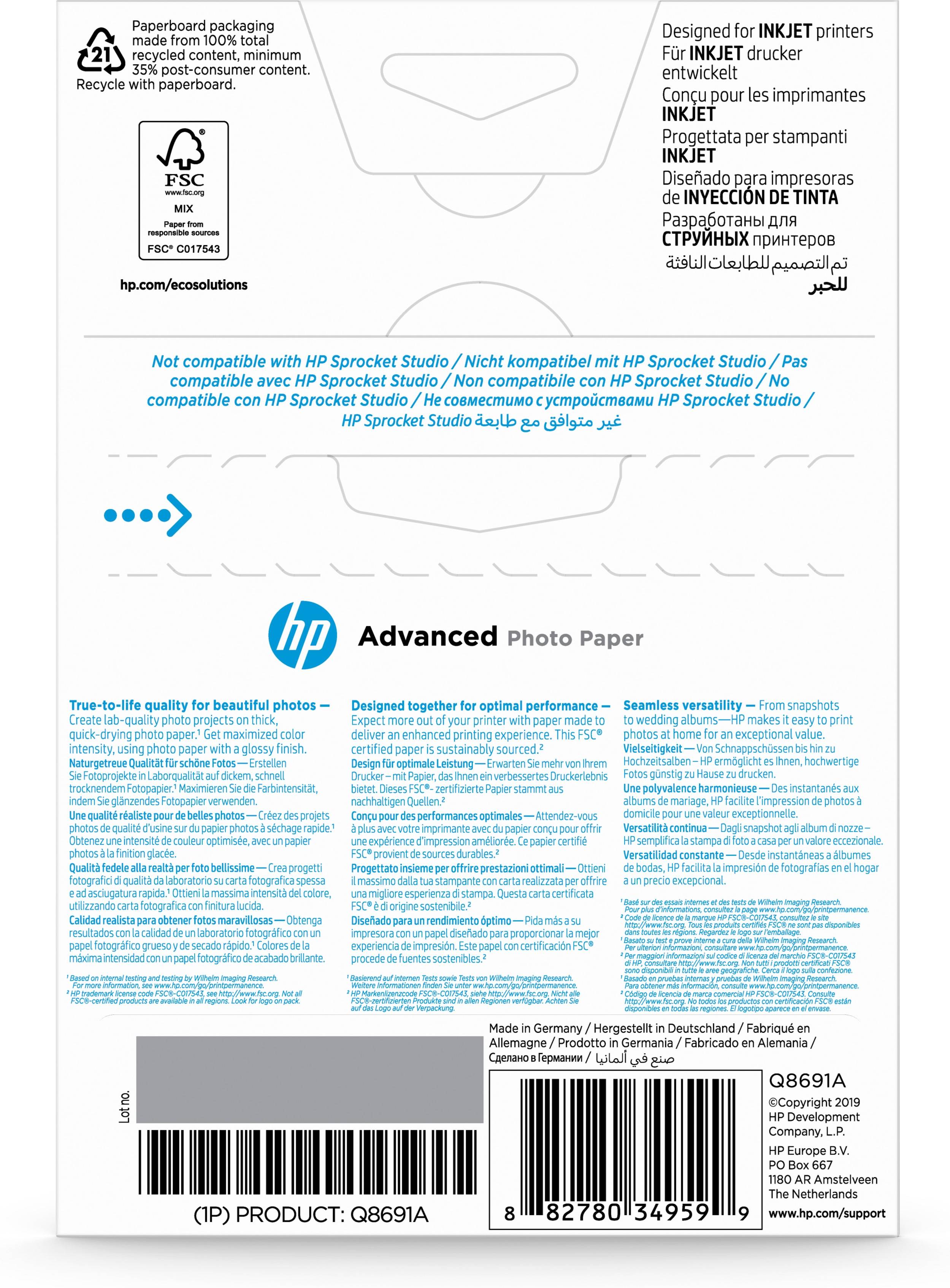 Rca Informatique - image du produit : PAPIER PHOTO FINITION BRILLA HP ADVANCED 250 G 25F 10X15