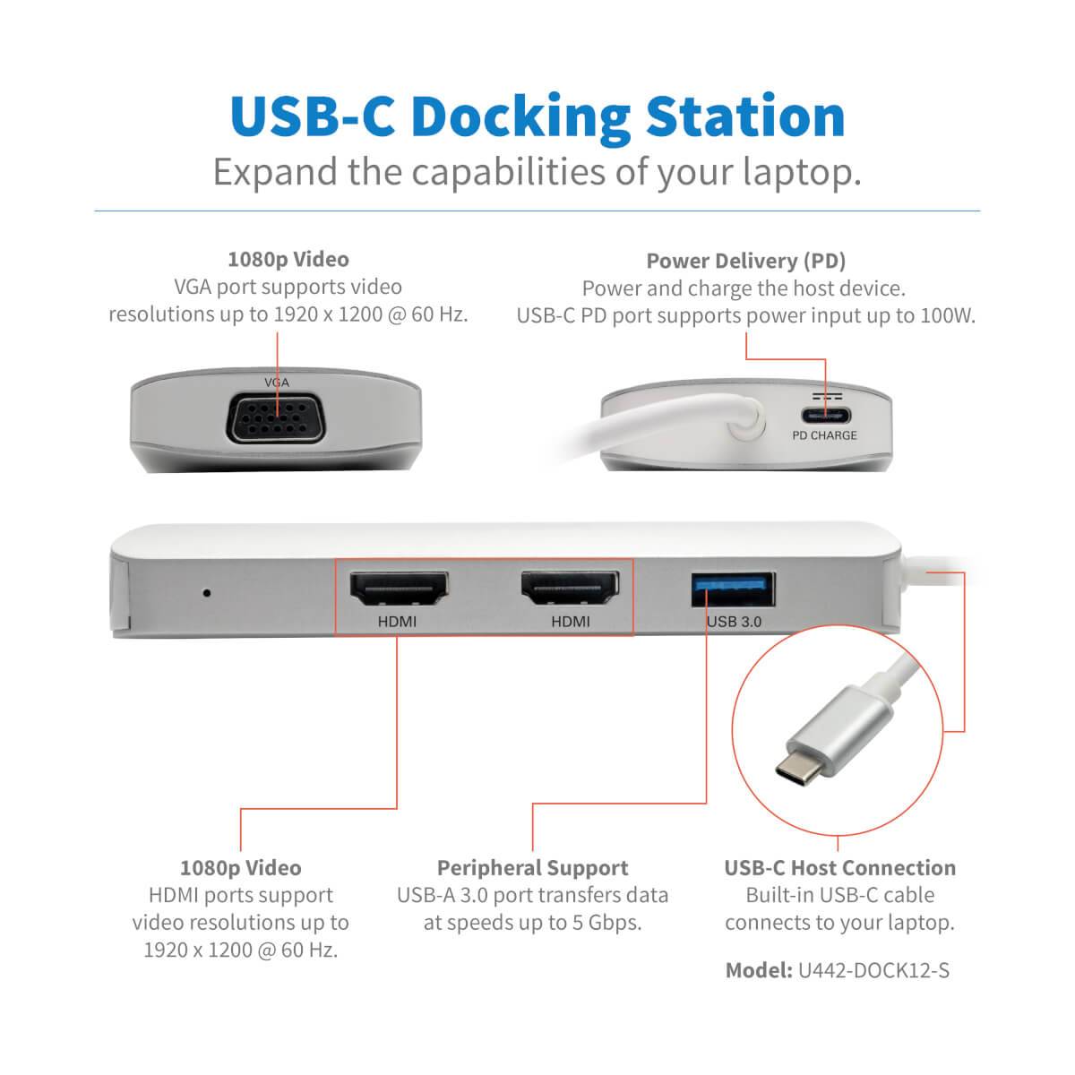 Rca Informatique - image du produit : USB-C DOCKING STATION TYPE-C X2 HDMI+VGA THUNDERB 3 PD CHARGE