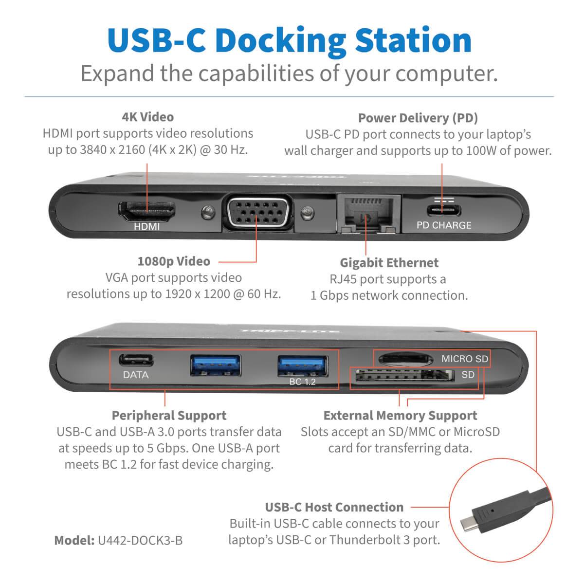 Rca Informatique - image du produit : USB-C LAPTOP DOCKING STATION HDMI/VGA THUNDERBOLT 3 BLK