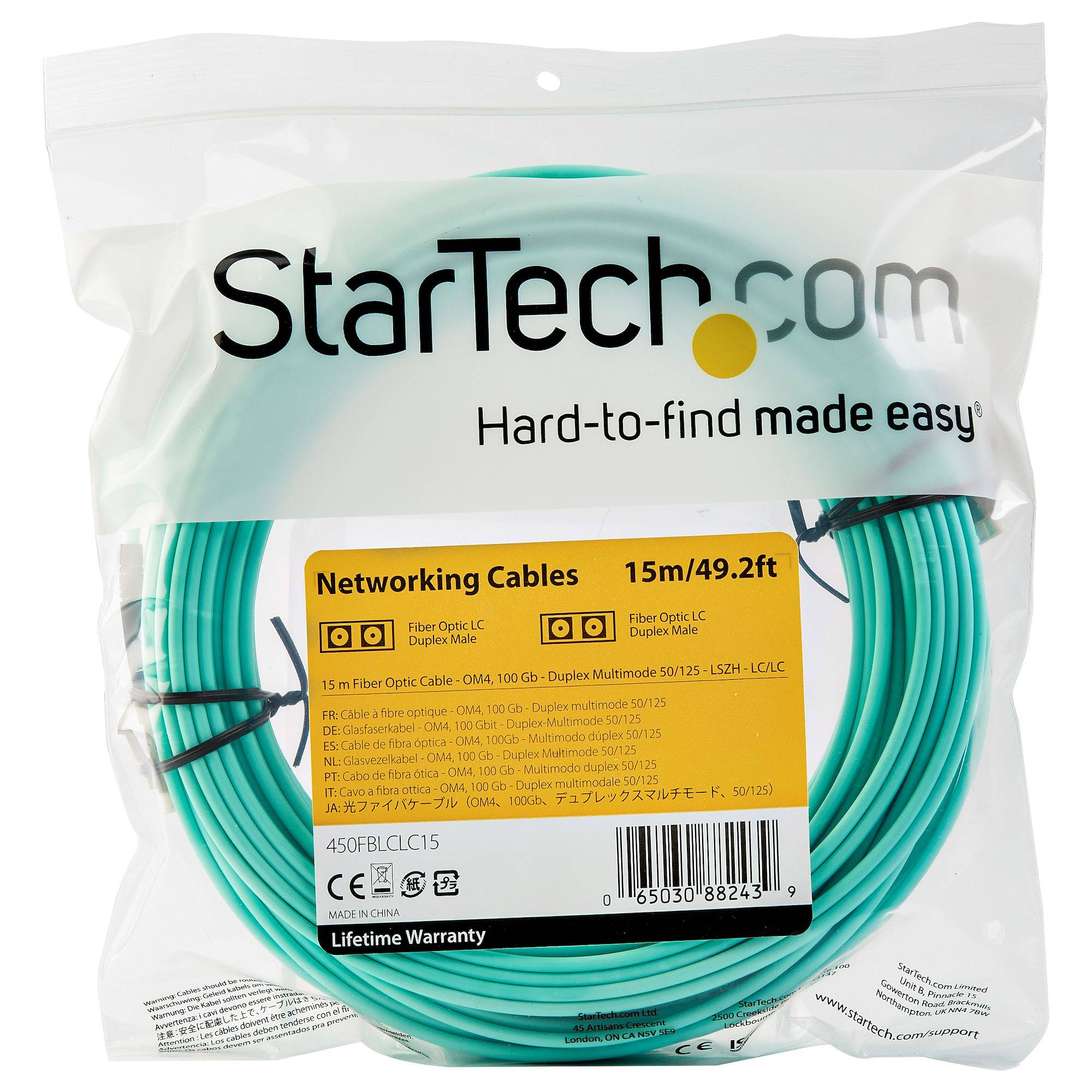 Rca Informatique - image du produit : 15M OM4 FIBER OPTIC PATCH CORD AQUA - LC/LC - 50/125 - 40/100GB