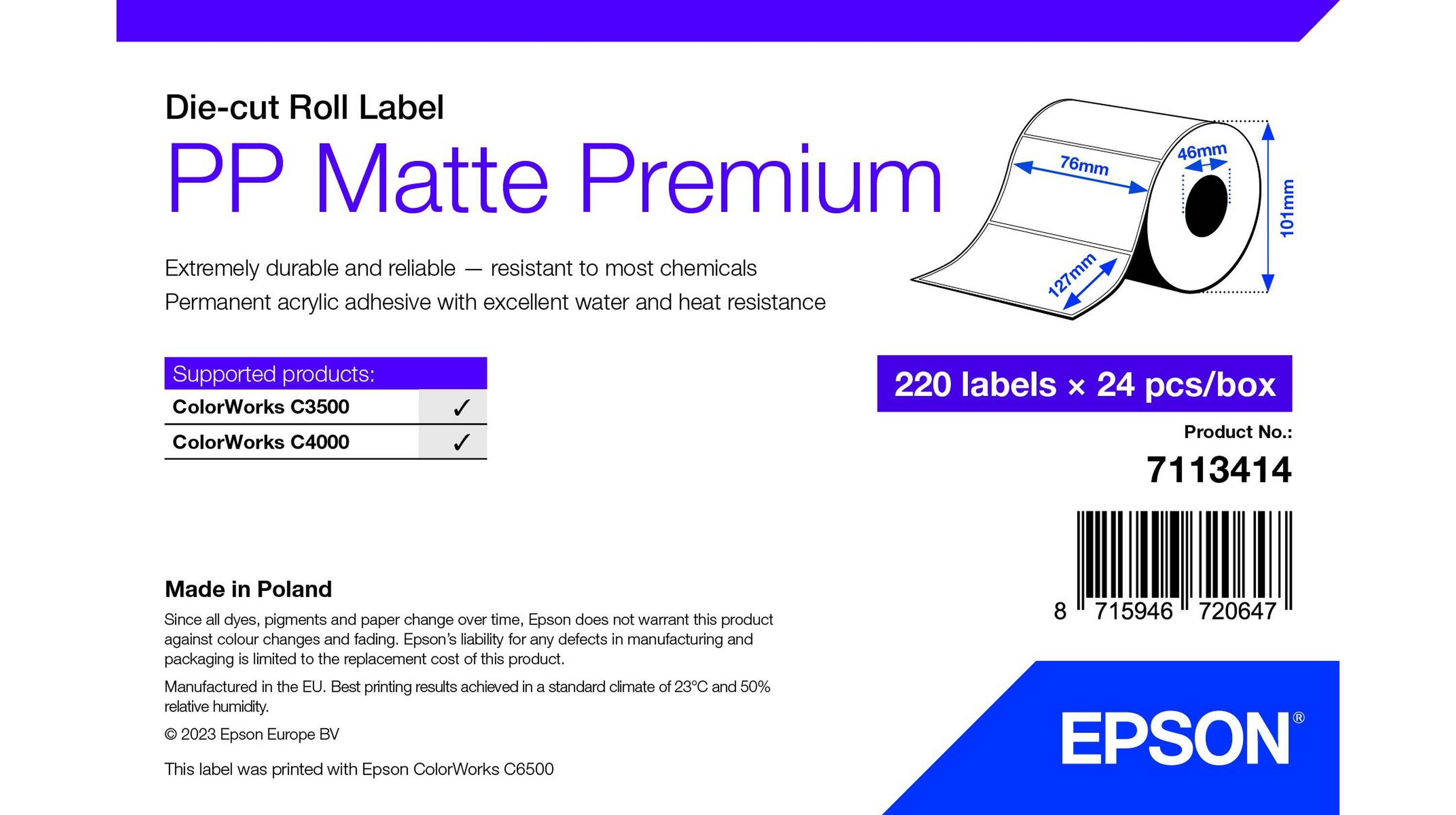 Rca Informatique - Image du produit : PP MATTE LABEL PREM DIE-CUT ROLL 76X127MM 220 LABELS