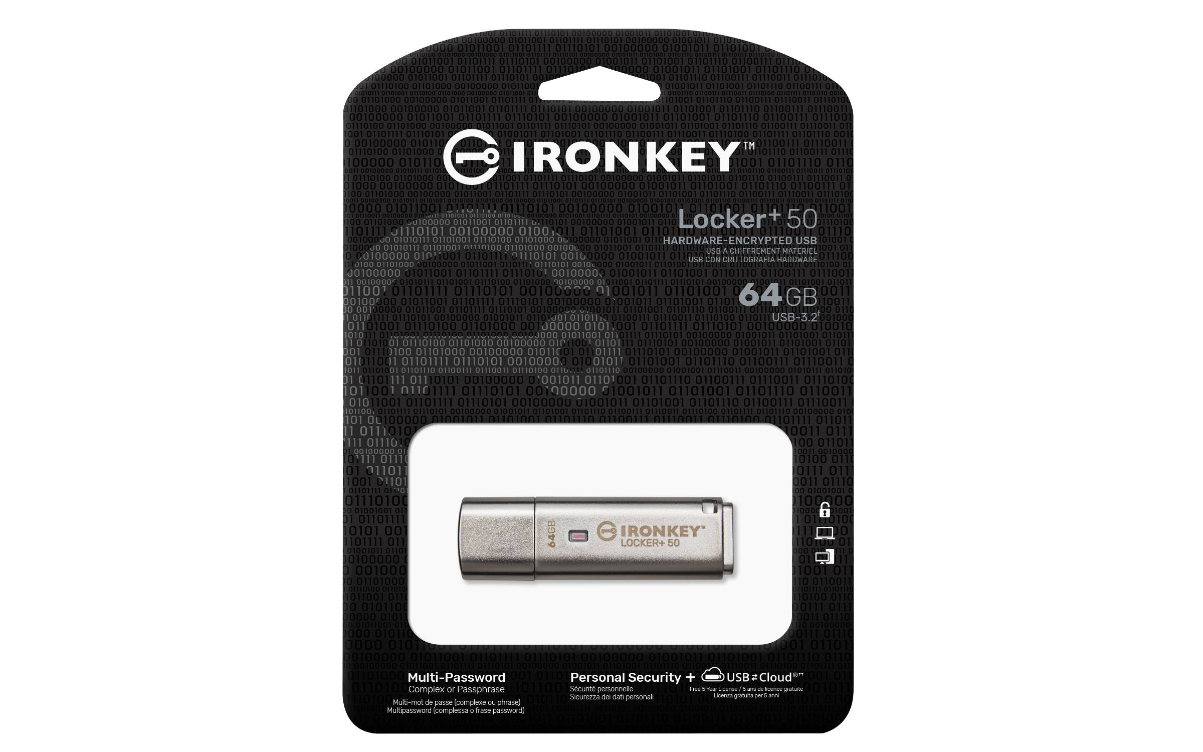 Rca Informatique - image du produit : 64GB USB 3.2 IRONKEY LOCKER+ 50 AES USB W/256BIT ENCRYPTION