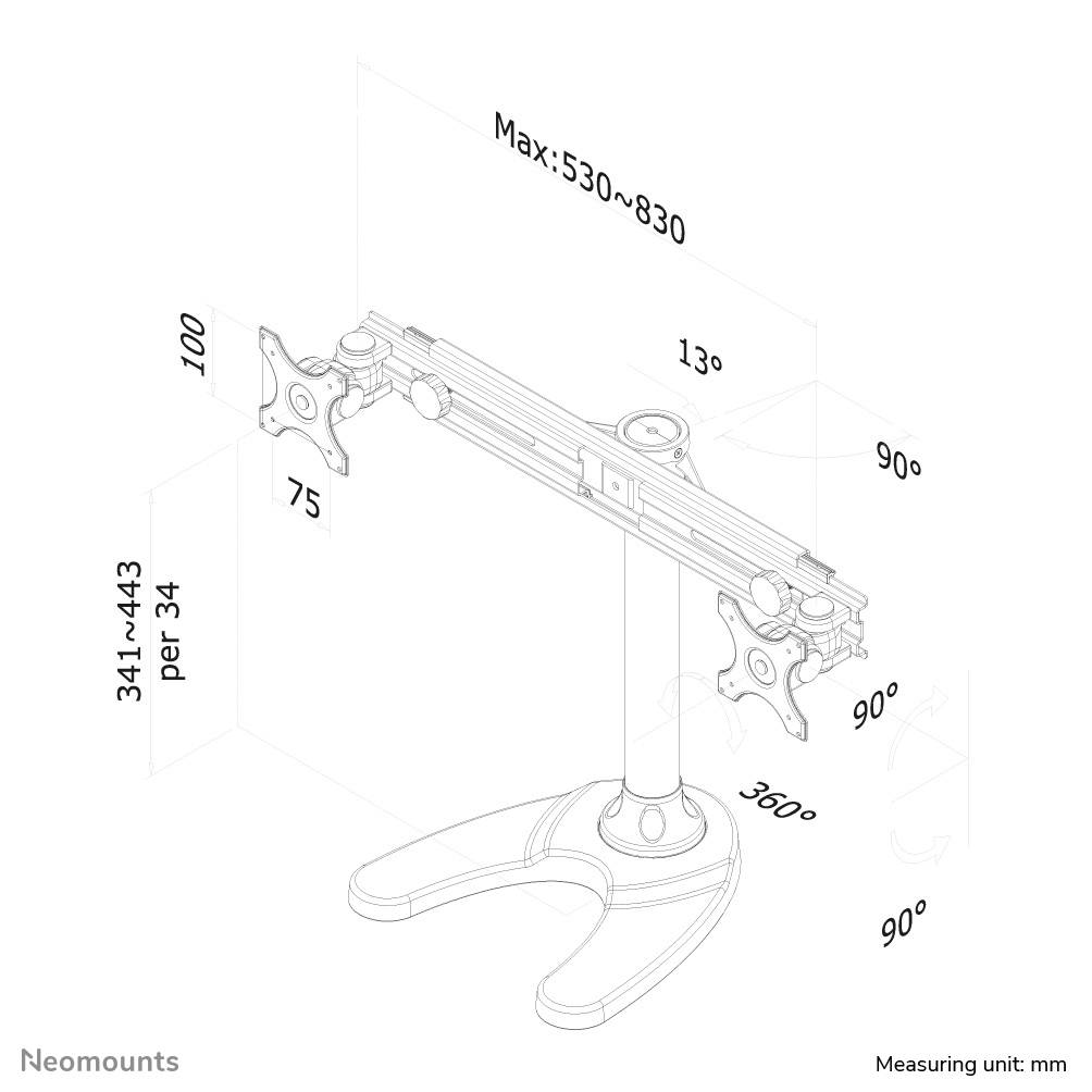 Rca Informatique - image du produit : SUPPORT BUREAU 2 ECRANS PLATS MAX 27IN 1 PT DE FLEXION