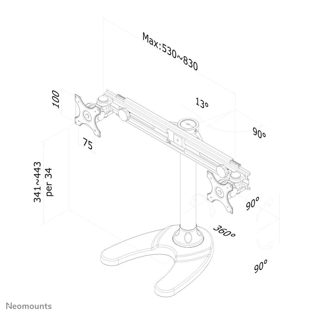 Rca Informatique - image du produit : SUPPORT BUREAU 2 ECRANS PLATS MAX 27IN 1 PT DE FLEXION