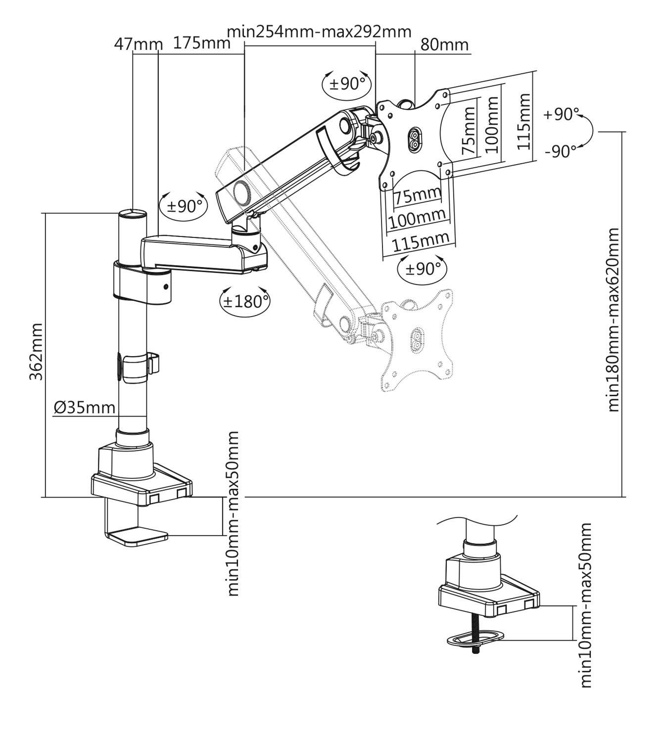 Rca Informatique - image du produit : SUPPORT ECRAN PRO RESSORT A GAZ JUSQU A 32IN NOIR